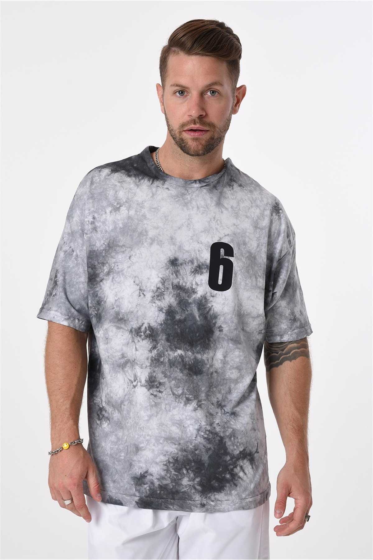 R-5653 Crew Neck Osaka Print Detailed Tie Dye تیشرت
