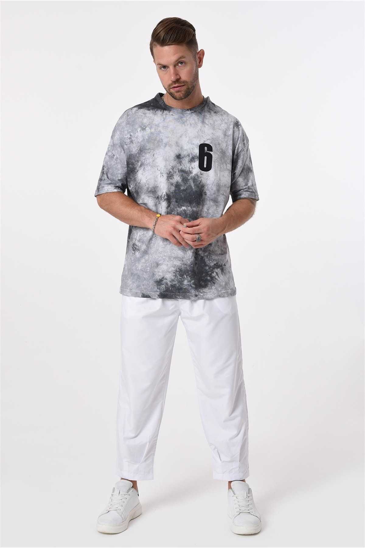 R-5653 Crew Neck Osaka Print Detailed Tie Dye تیشرت