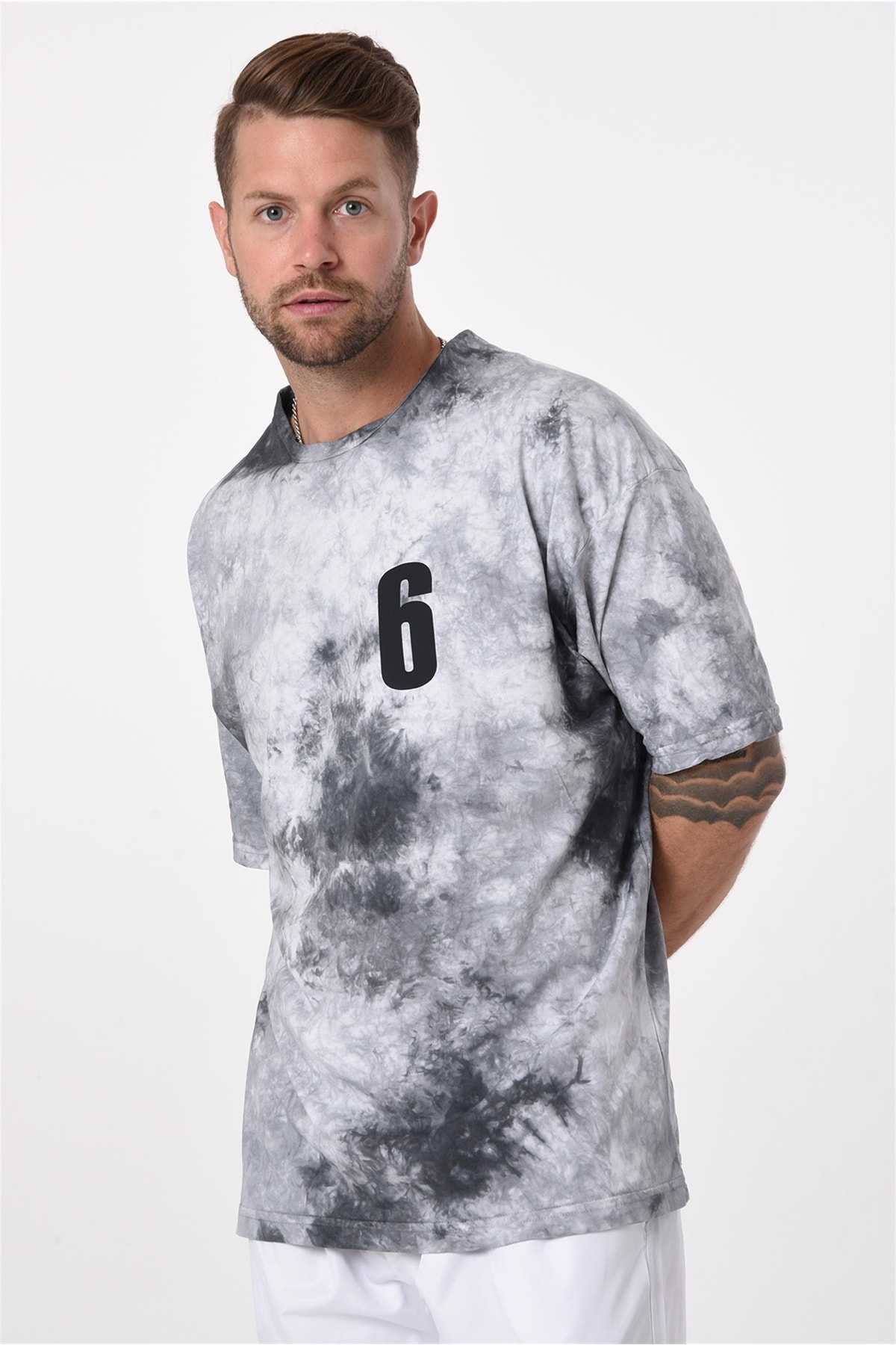 R-5653 Crew Neck Osaka Print Detailed Tie Dye تیشرت