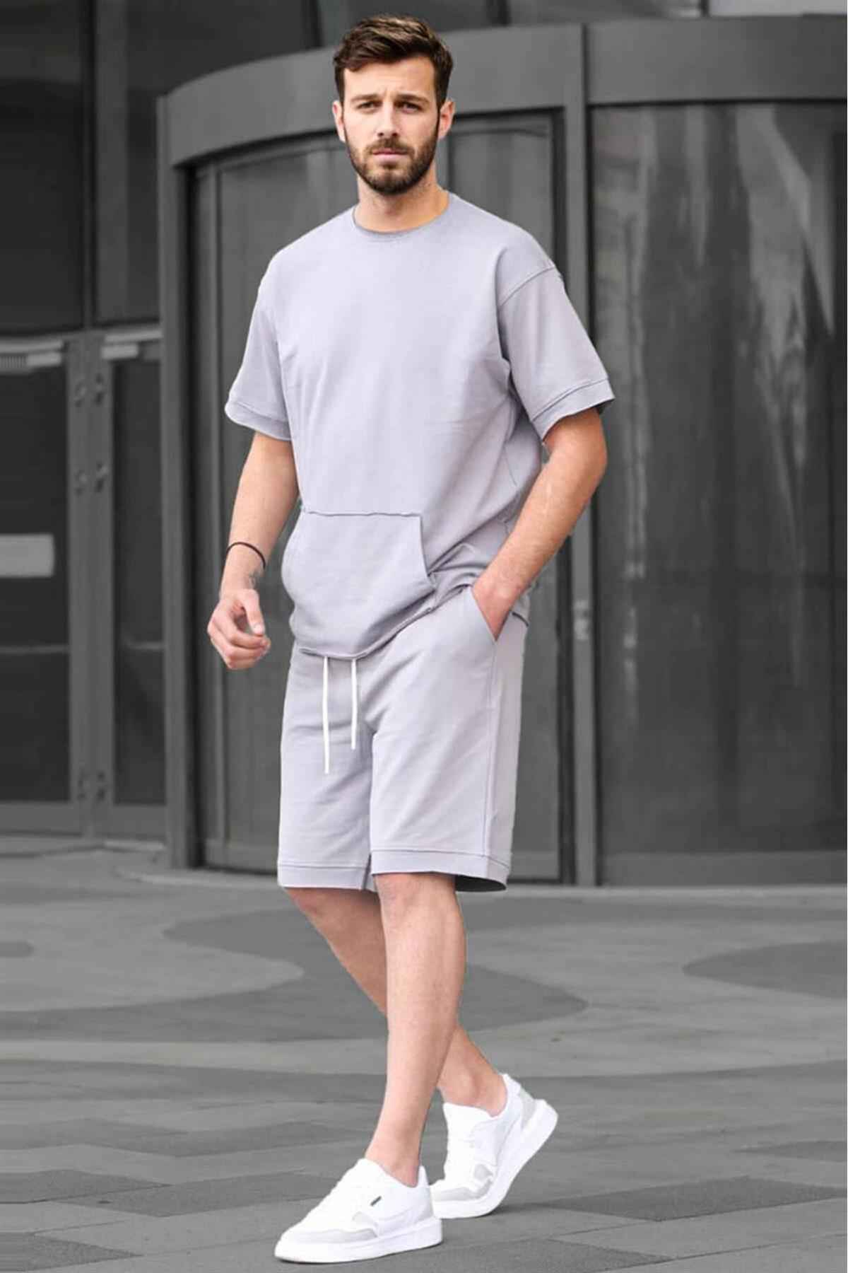 ست شلوارک مردانه بیسیک خاکستری رنگ شده