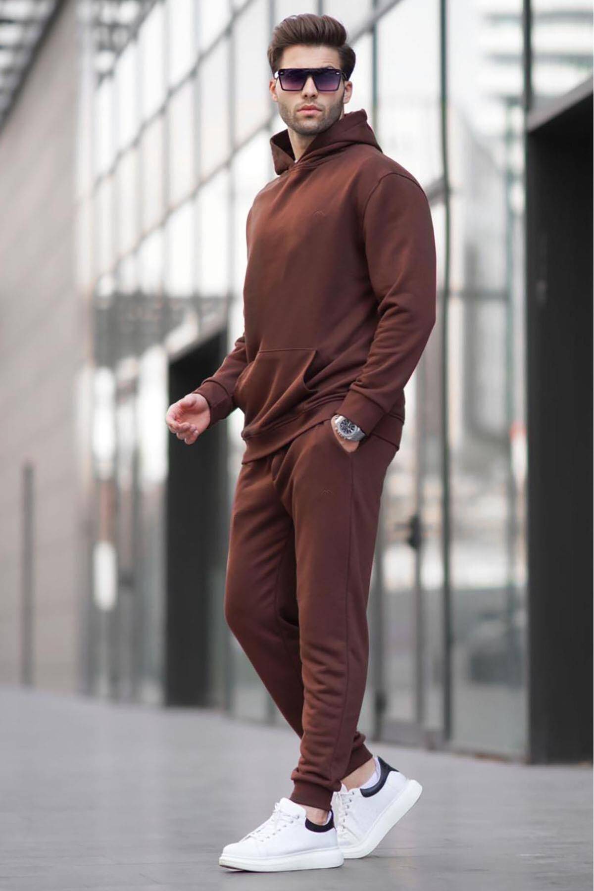 ست لباس ورزشی پایه کلاه دار قهوه ای تلخ 5928