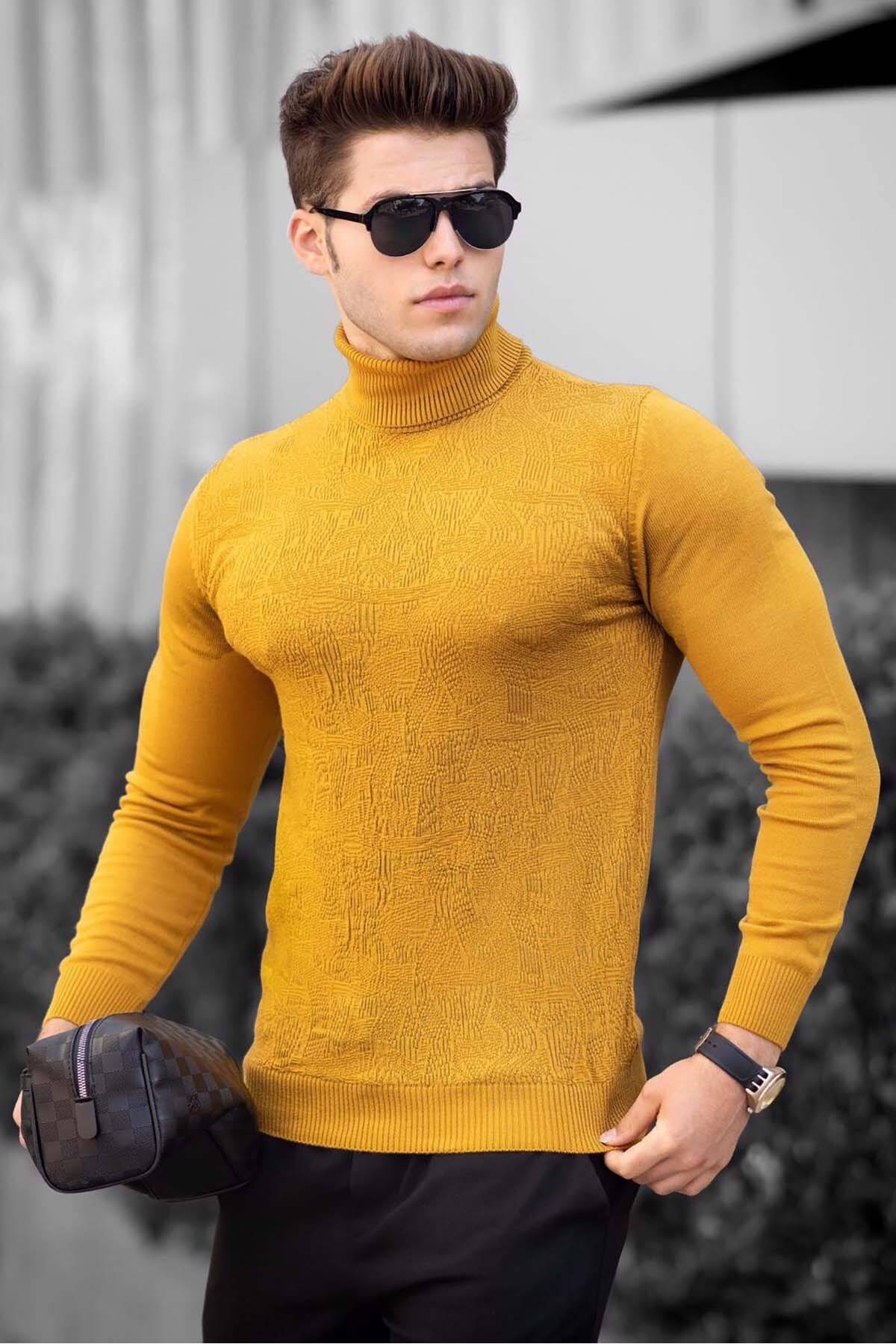 ژاکت یقه دار خردلی طرح دار 4657