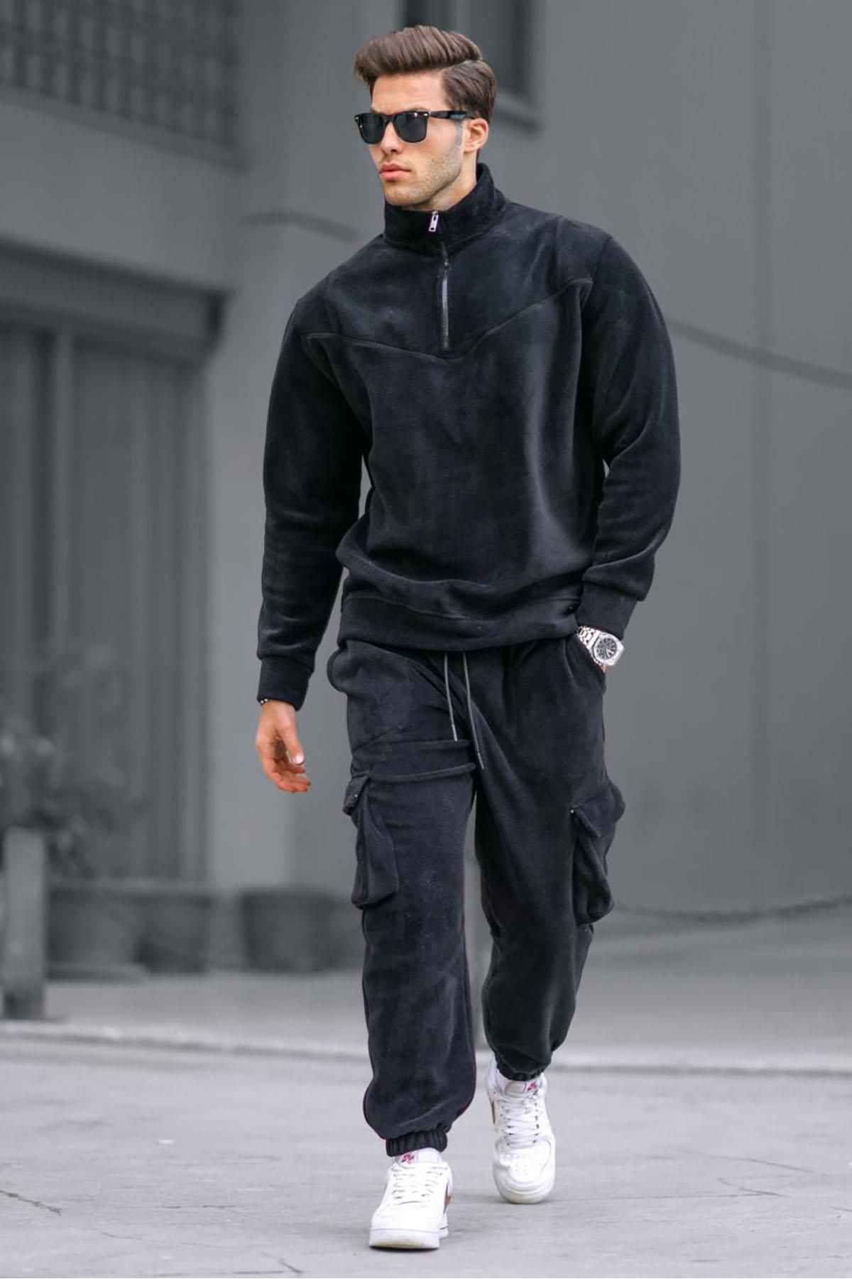 ست لباس ورزشی مردانه پشمی یقه زیپ دار خاکی