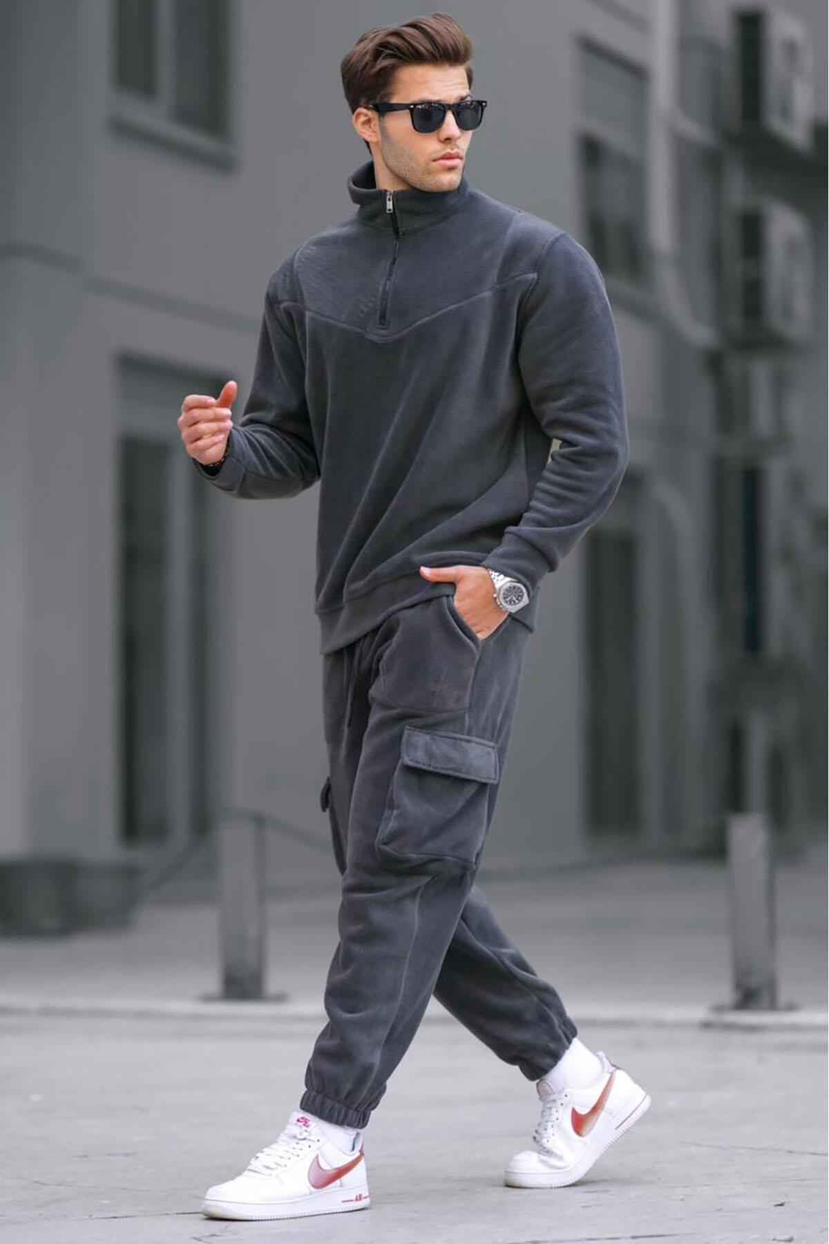 ست لباس ورزشی مردانه پشمی یقه زیپ دار خاکی