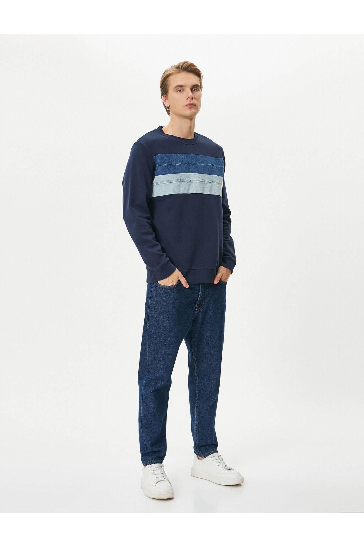 سویشرت یقه خدمه پارچه بلوک آستین بلند نخی