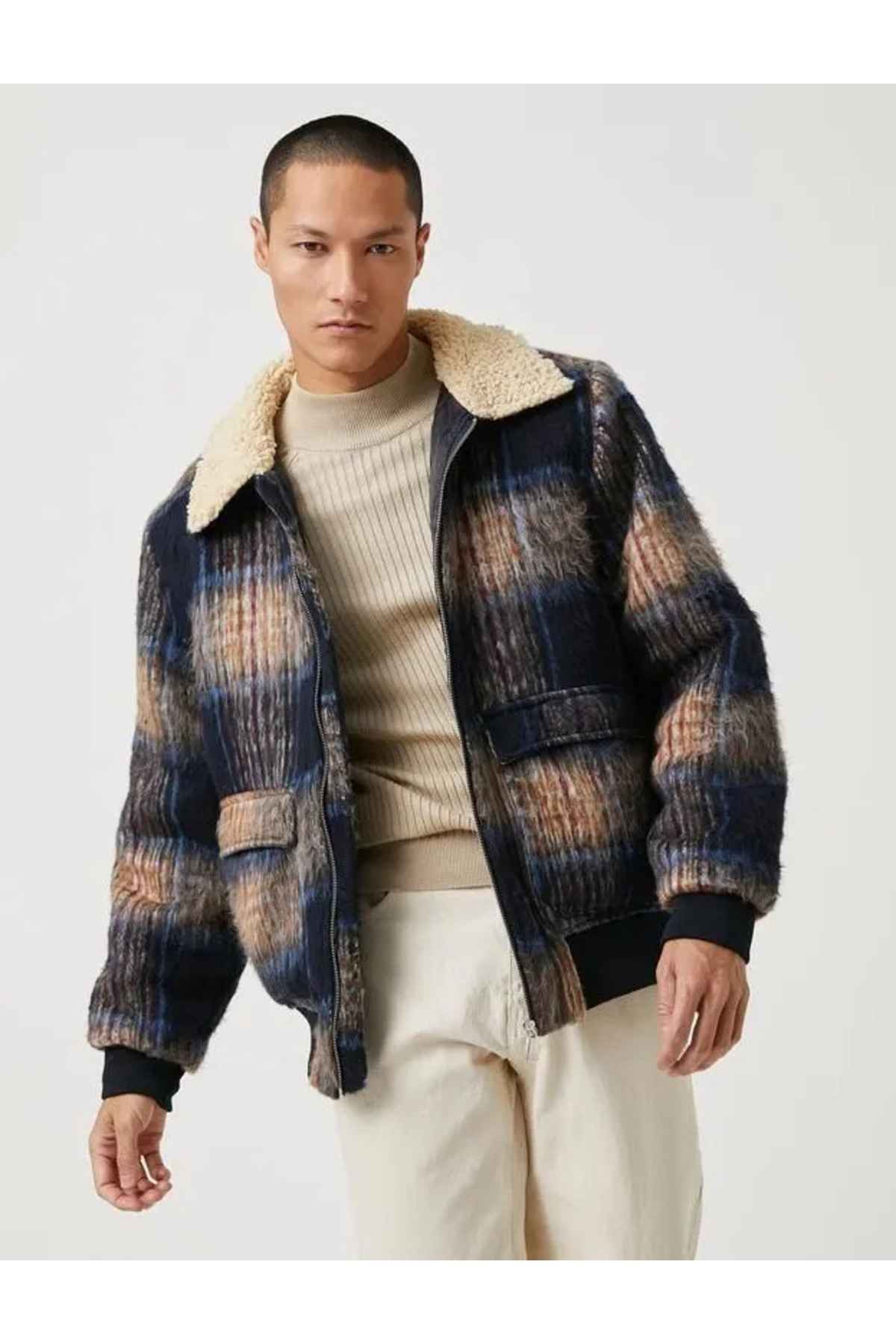 کاپشن چهارخانه آبی سرمه ای مردانه