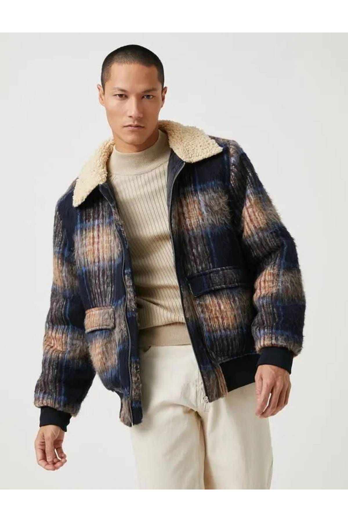 کاپشن چهارخانه آبی سرمه ای مردانه