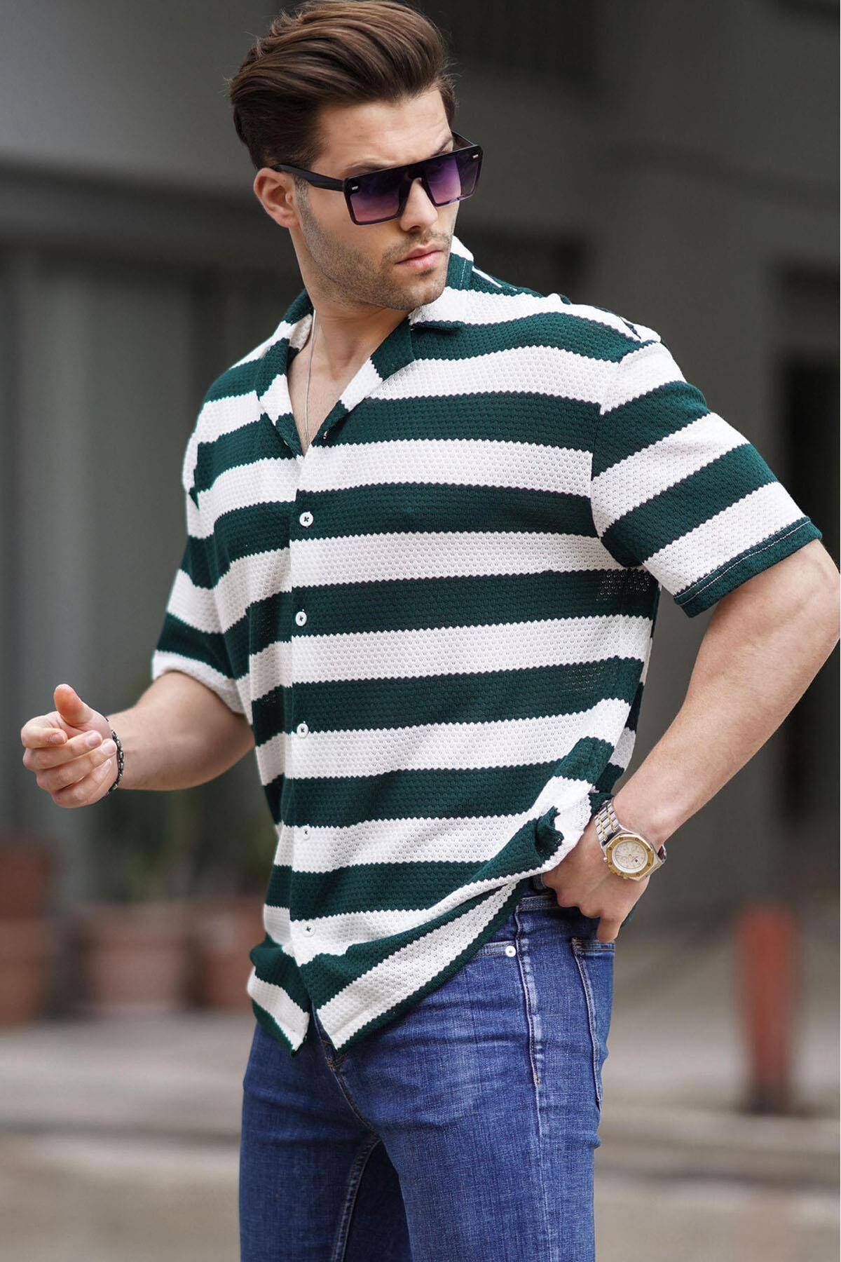 پیراهن مردانه آستین کوتاه راه راه مشکی