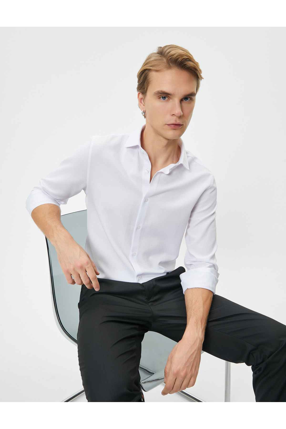 پیراهن کلاسیک یقه ایتالیایی آستین بلند دکمه دار