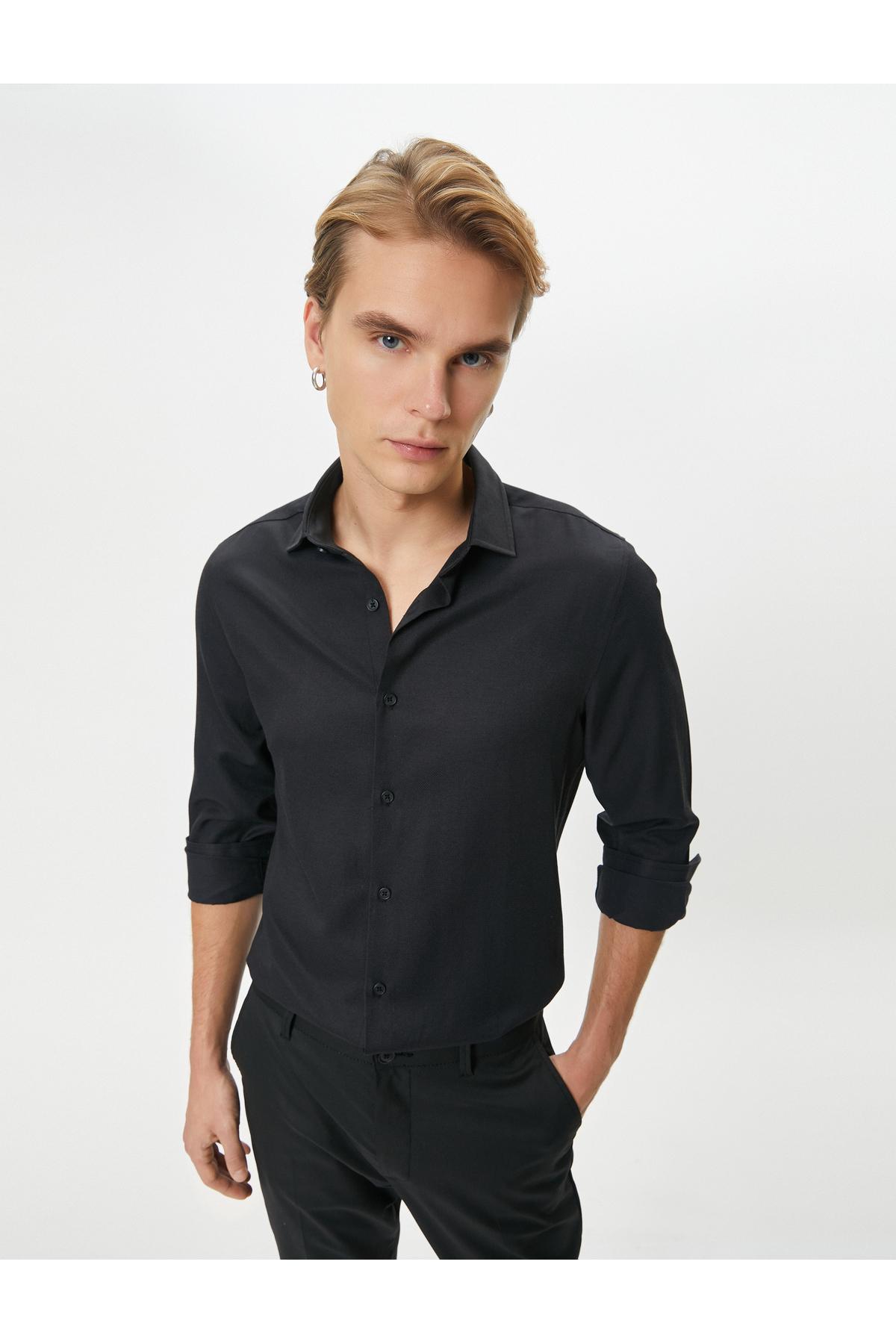 پیراهن کلاسیک یقه ایتالیایی آستین بلند دکمه دار