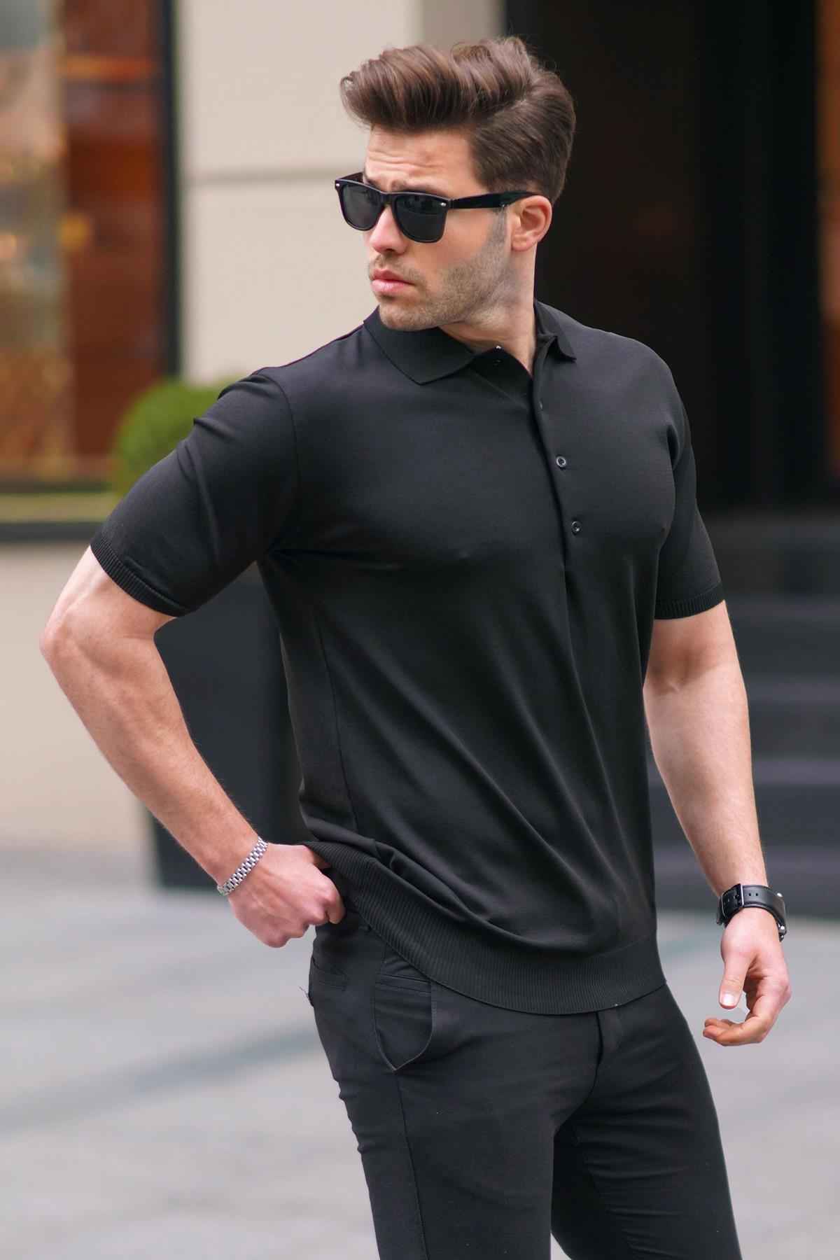 تیشرت مردانه یقه پولو ساده 6878 مشکی