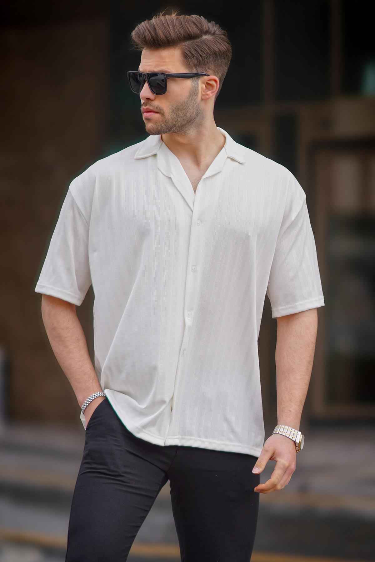 پیراهن مردانه آستین کوتاه راه راه خاکستری رنگ شده