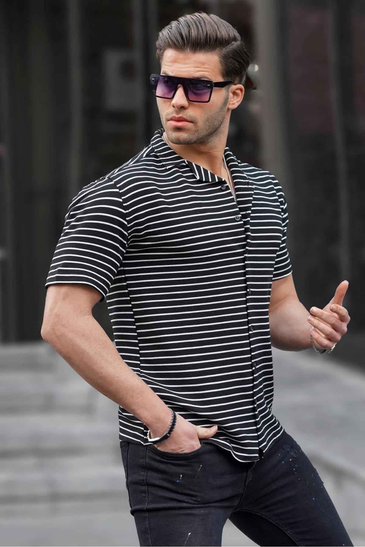 پیراهن مردانه آستین کوتاه راه راه شتری