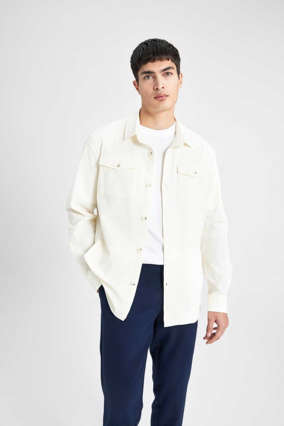 پیراهن بافت دار یقه چوگان با تناسب معمولی