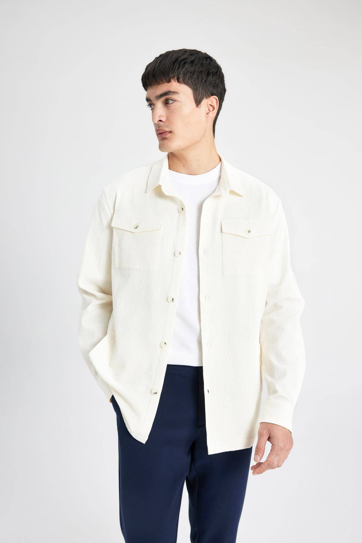 پیراهن بافت دار یقه چوگان با تناسب معمولی