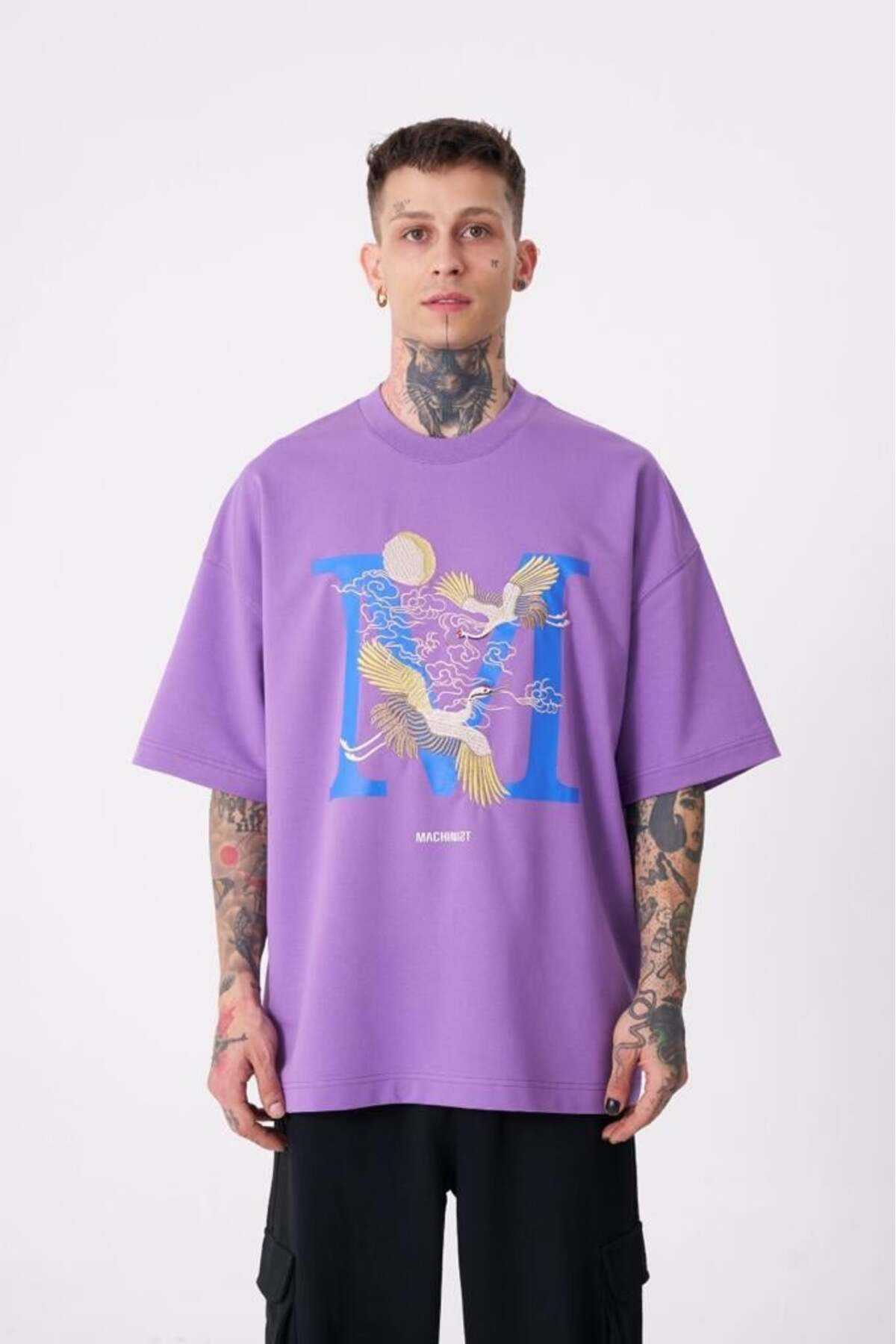 تیشرت مردانه بنفش با چاپ جرثقیل پرنده