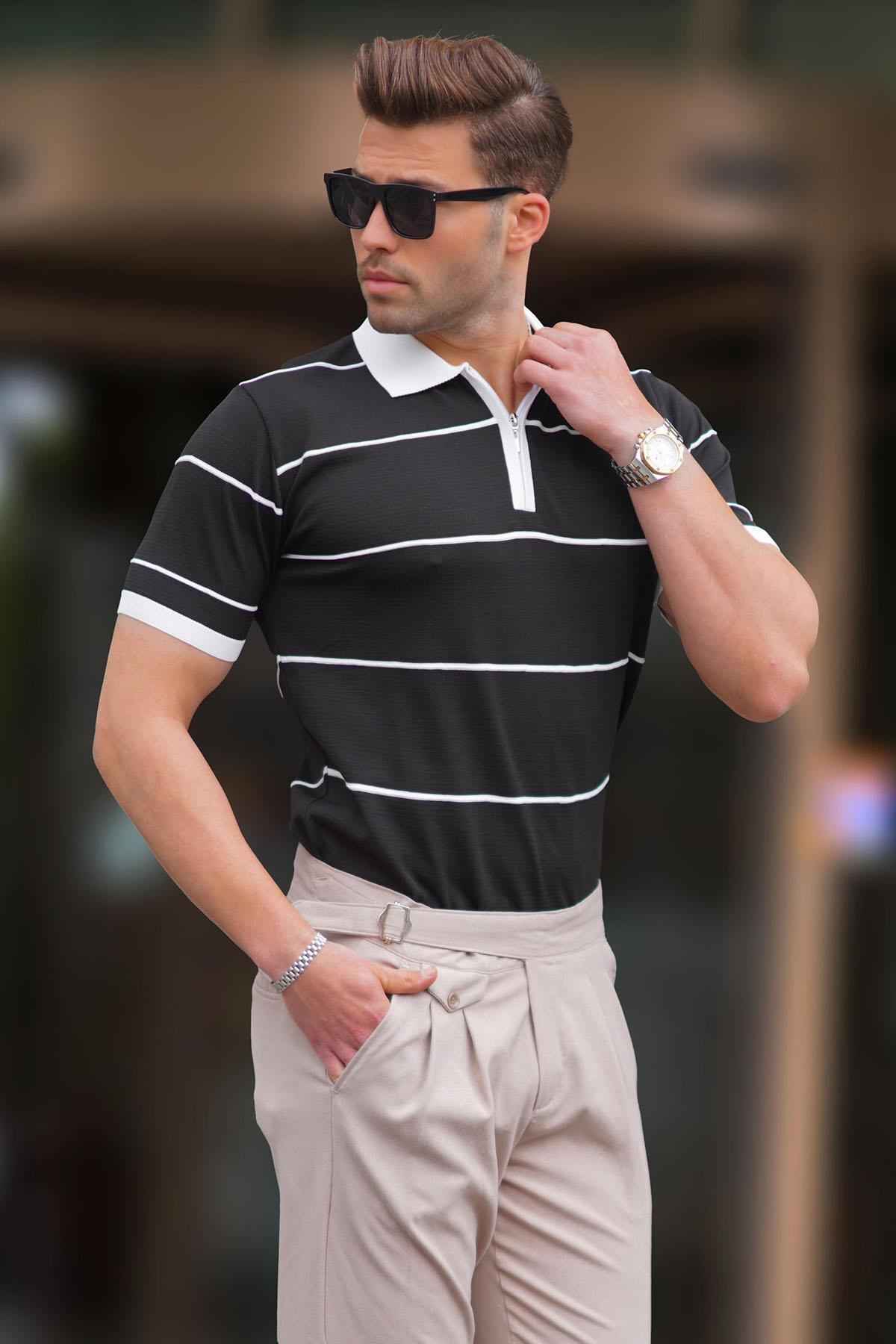 تیشرت زیپ دار یقه یقه راه راه خاکستری