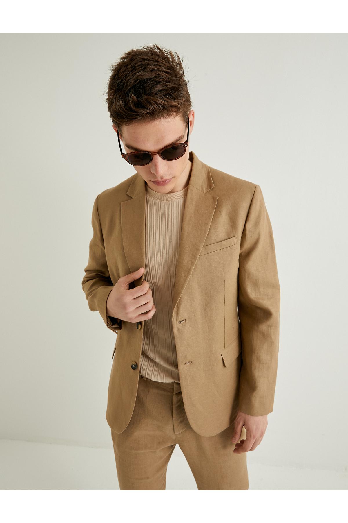 کت کتانی ژاکت کتانی با جیب باریک دکمه دار