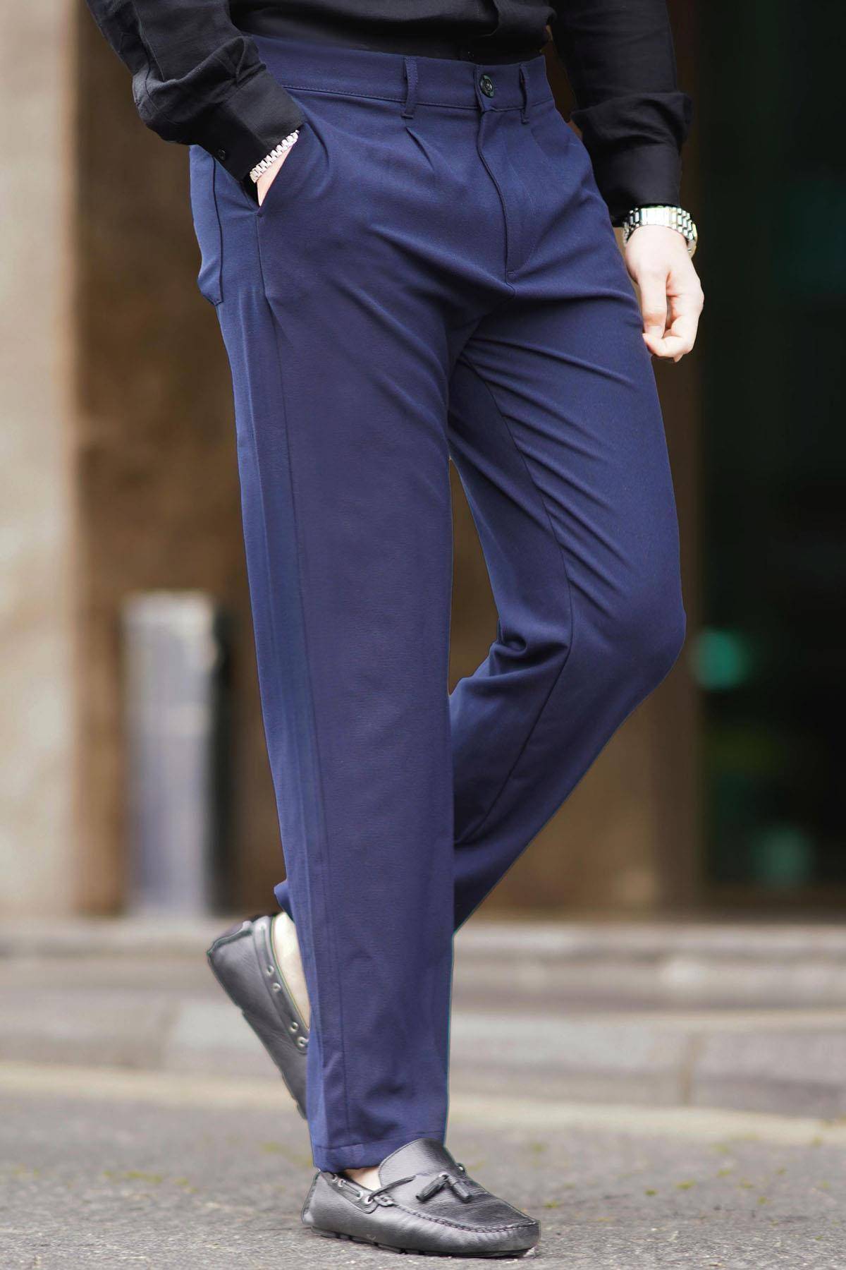 شلوار مردانه برش مستقیم با جیب های کناری 6540 آبی معمولی