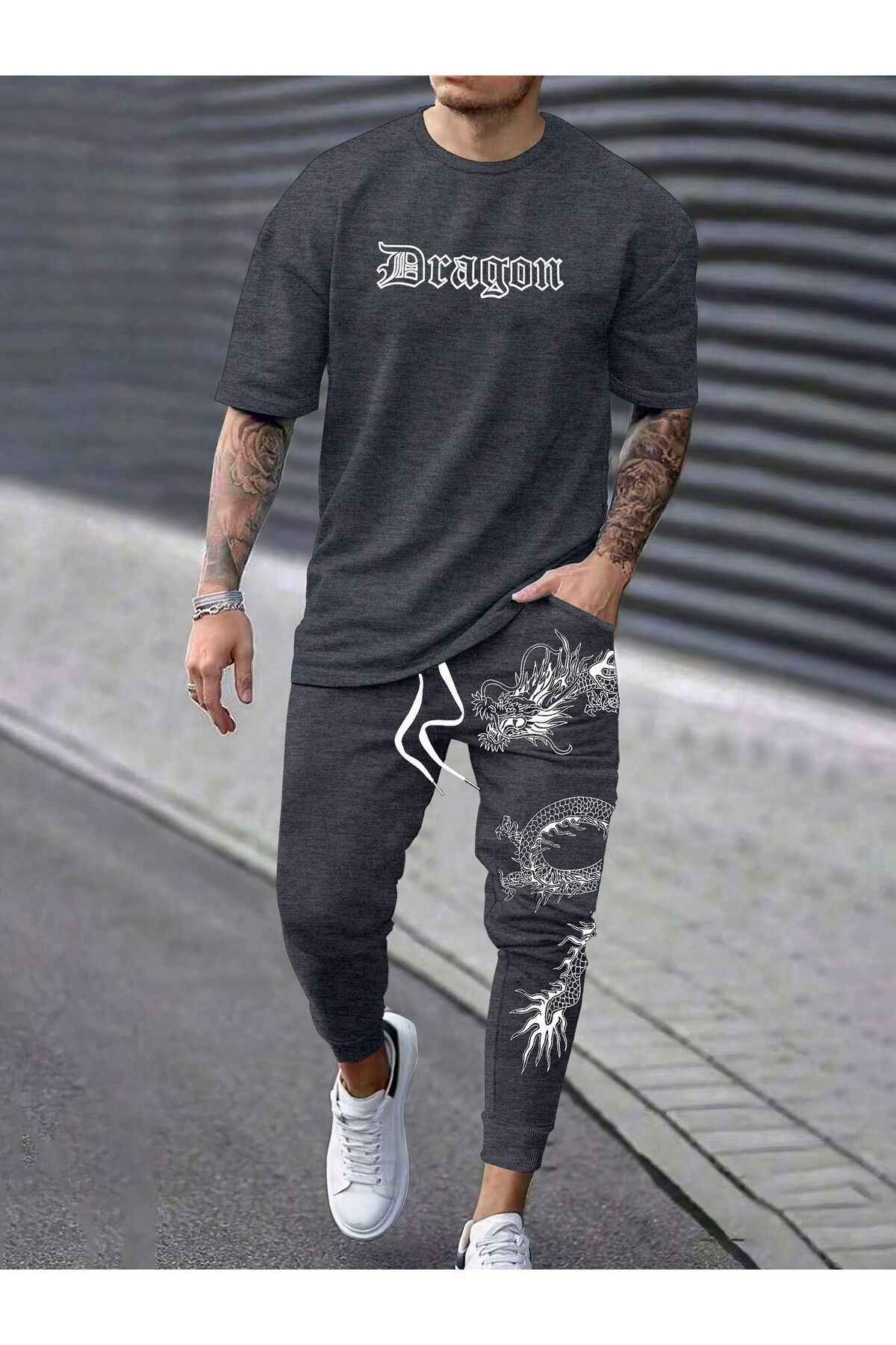 کت و شلوار ورزشی مردانه به سبک ژاپنی با چاپ اژدها - پارچه دو نخی