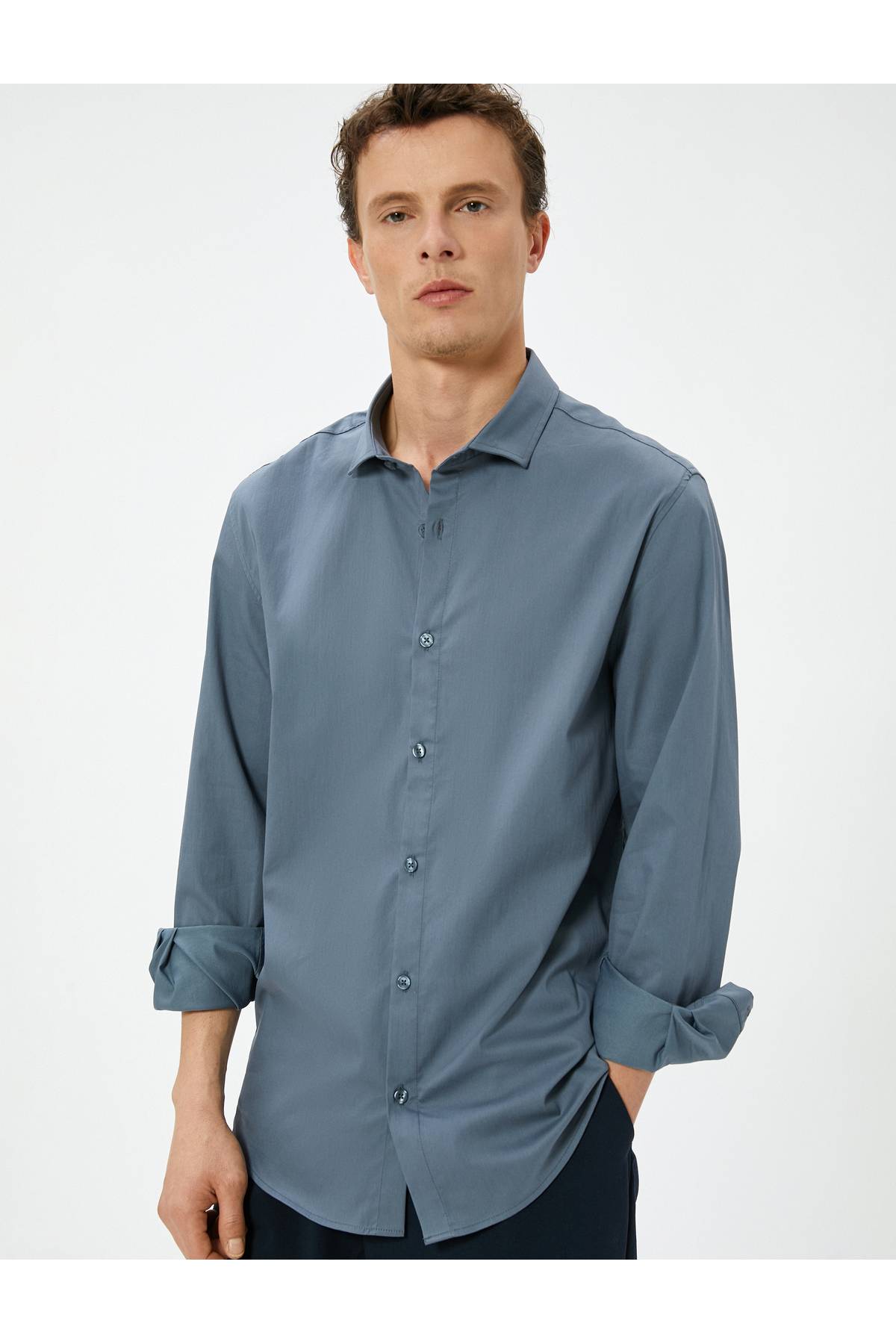 پیراهن پایه باریک با یقه نیم ایتالیایی دکمه دار