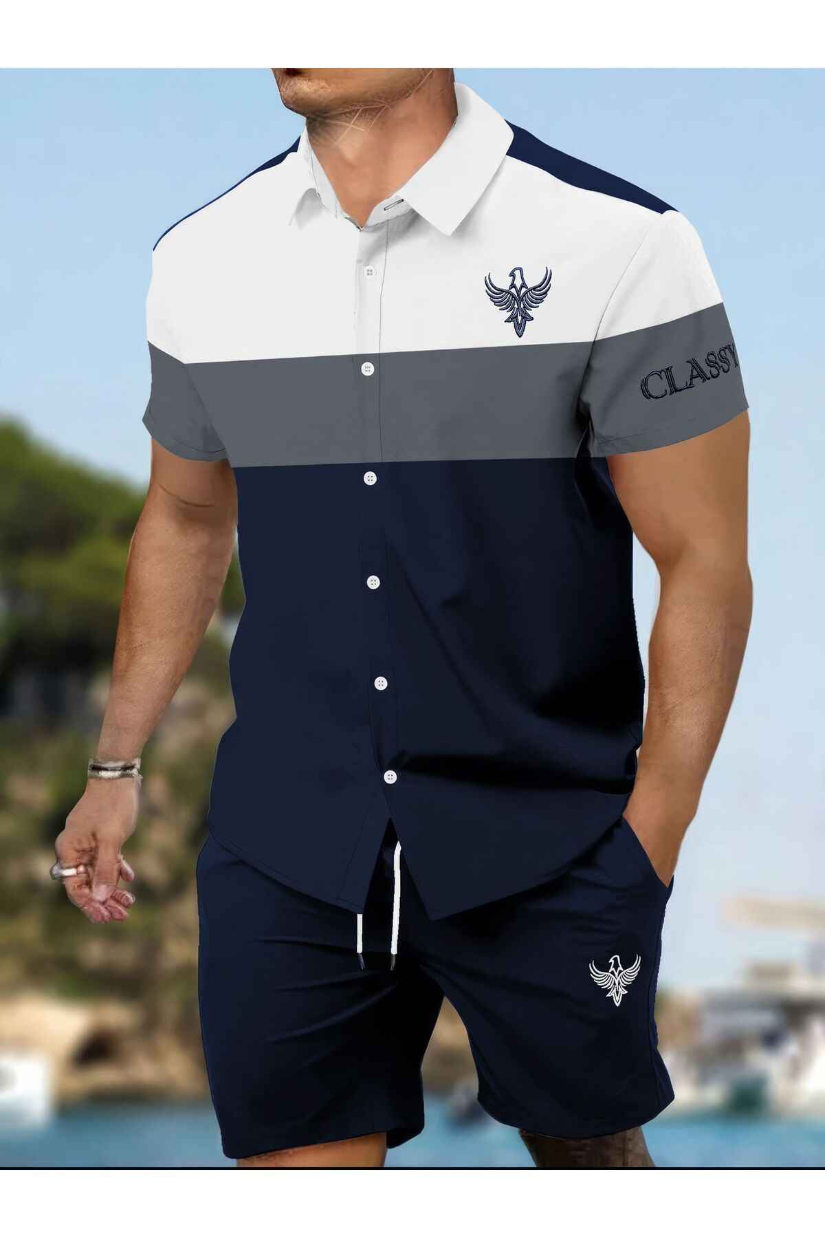 ست شلوارک با گلدوزی دو نخ روی پارچه، دکمه و برش مستقیم