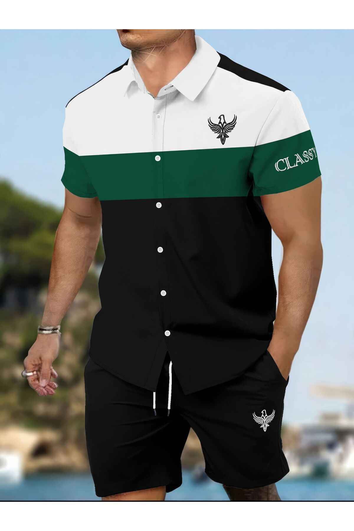 ست شلوارک با گلدوزی دو نخ روی پارچه، دکمه و برش مستقیم