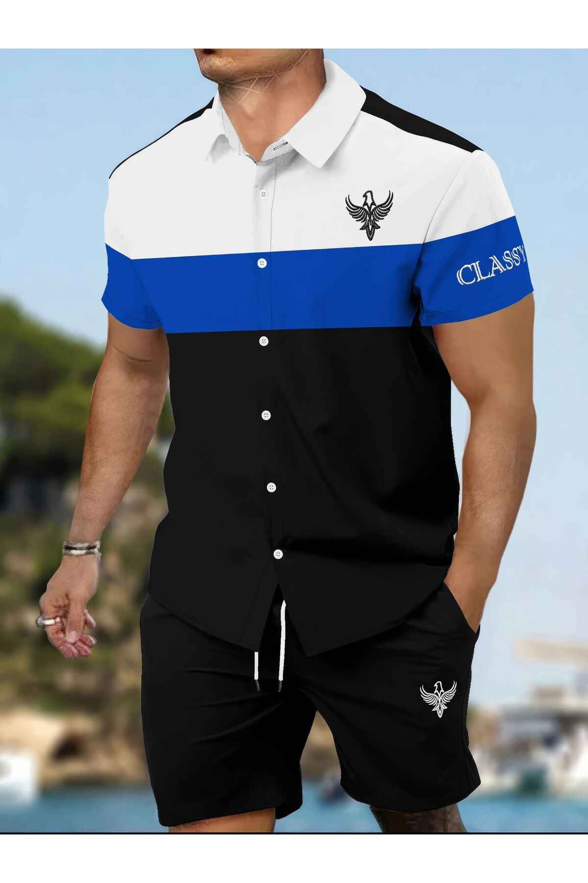 ست شلوارک با گلدوزی دو نخ روی پارچه، دکمه و برش مستقیم