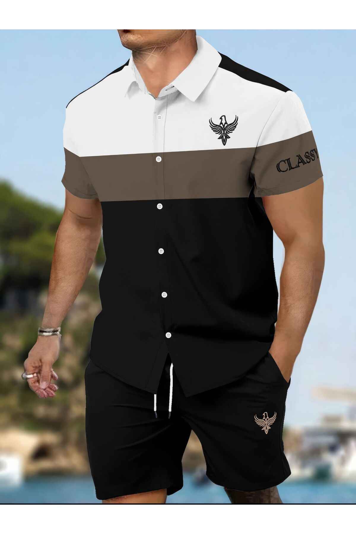 ست شلوارک با گلدوزی دو نخ روی پارچه، دکمه و برش مستقیم