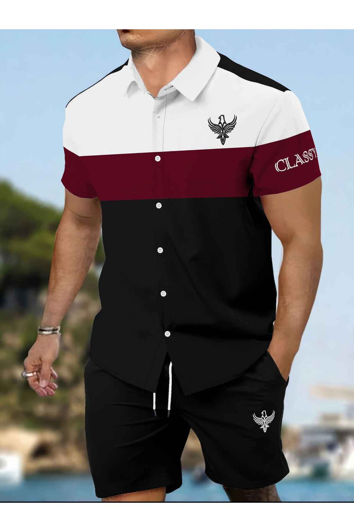 ست شلوارک با گلدوزی دو نخ روی پارچه، دکمه و برش مستقیم