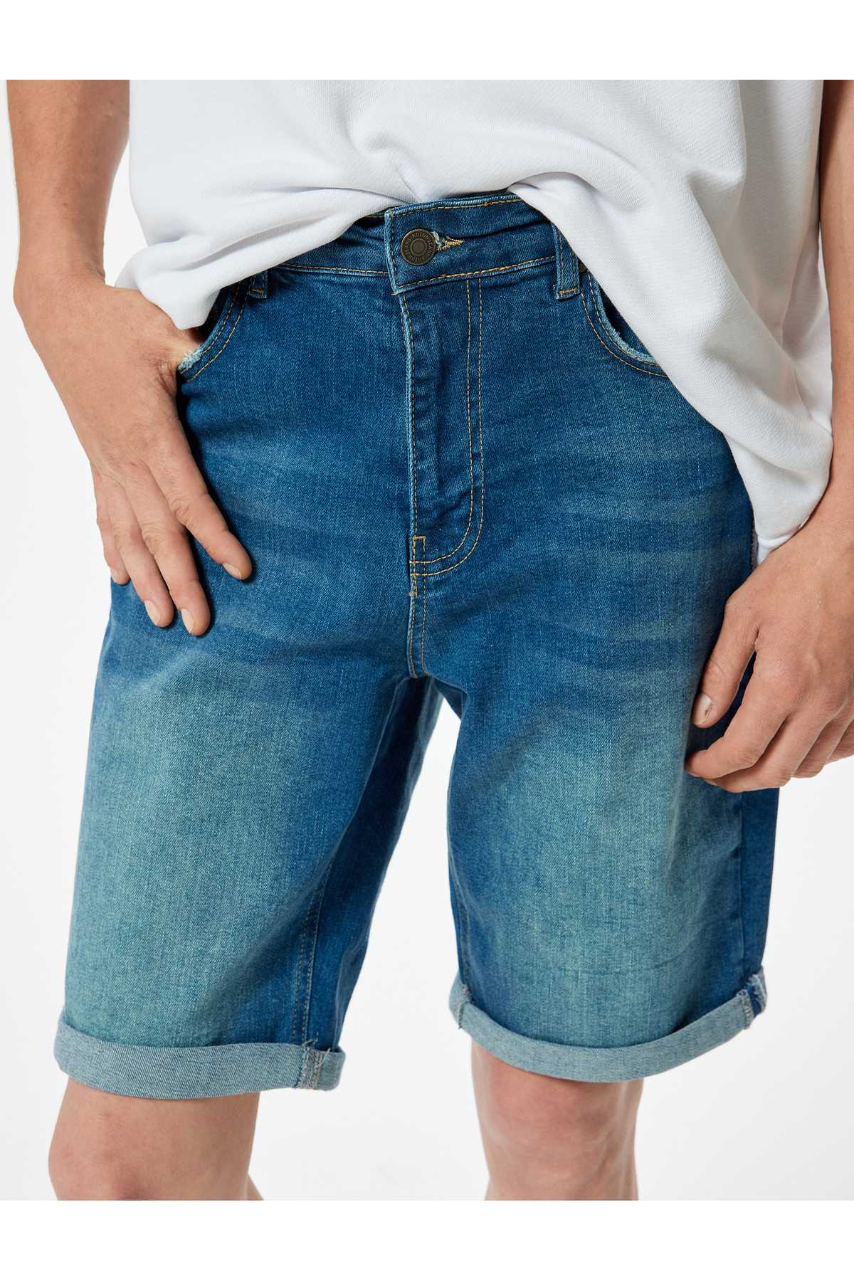 شلوارک جین باریک با جیب تاشو برمودا با جزئیات نخی