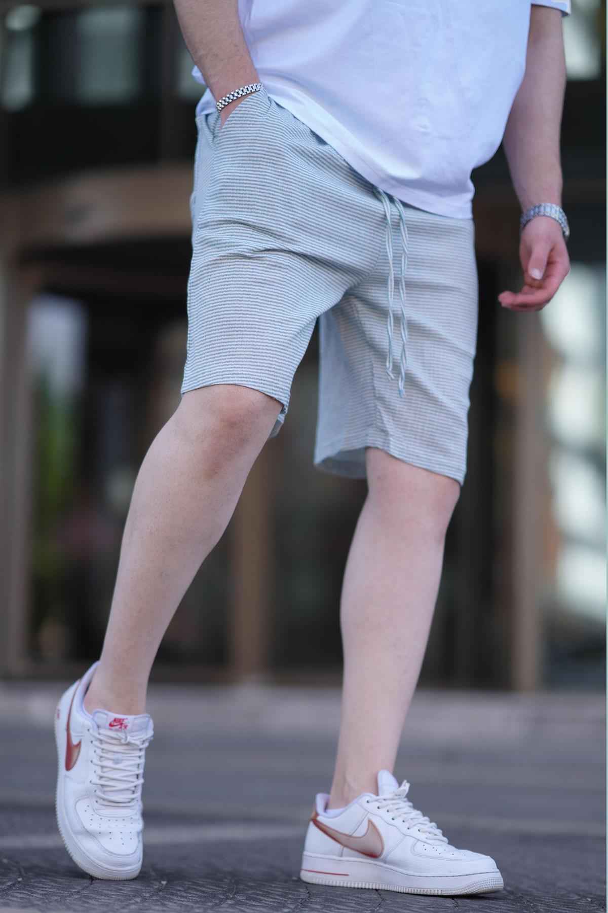 شلوارک مردانه کوتاه کتان راه راه مشکی قابل تنظیم کمری