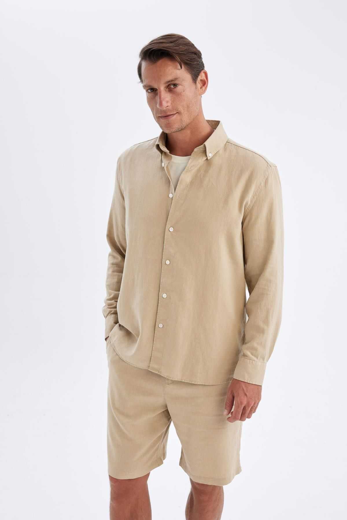 پیراهن آستین بلند نخی یقه پولو ریلکس فیت