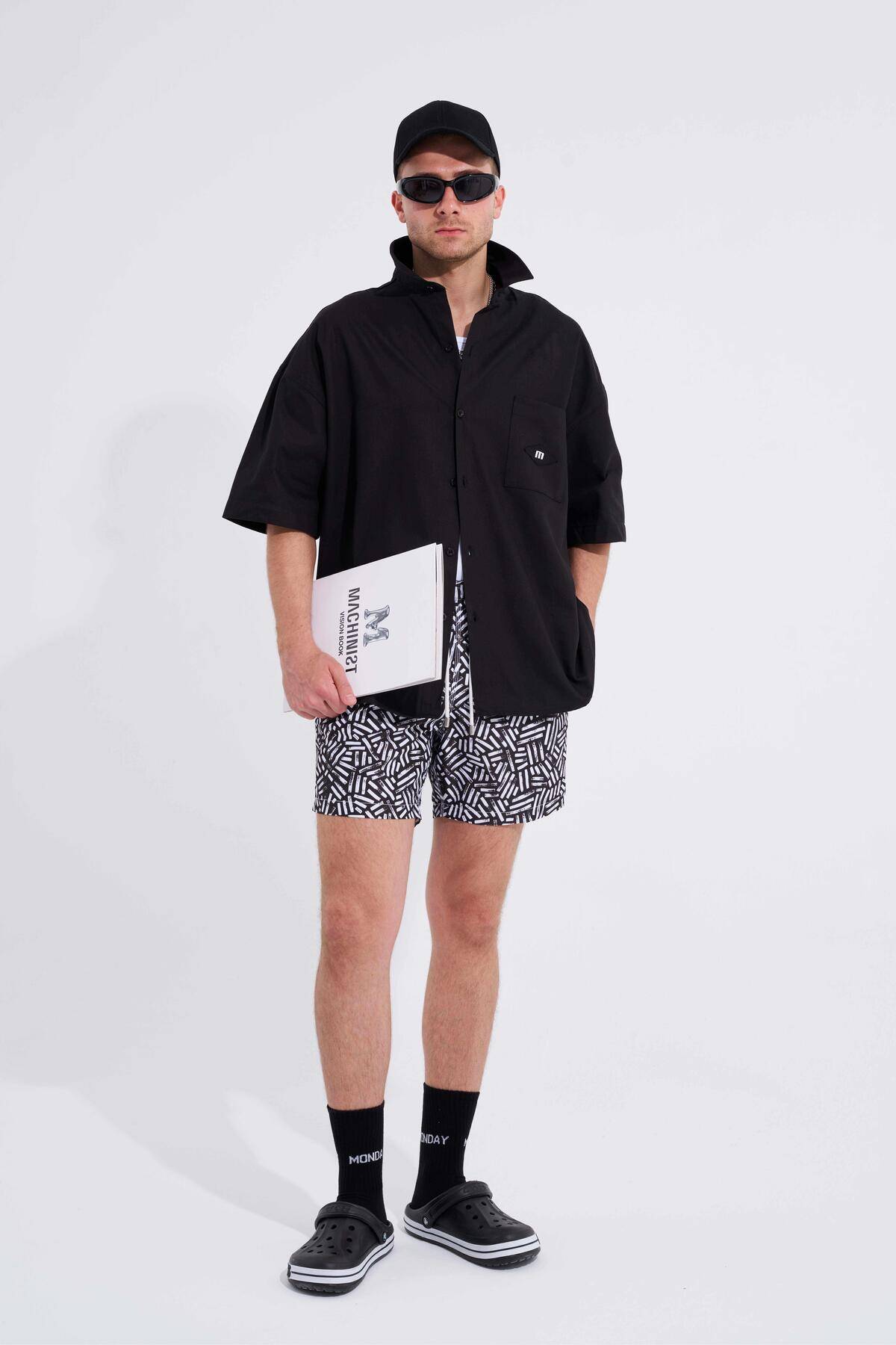 شلوار شنا مردانه بافت حصیری سیاه و سفید