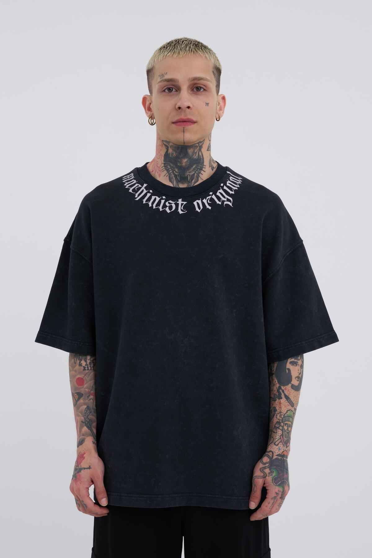 تیشرت ابری آسفالتی چاپ شده مردانه شسته شده بلاک باستر