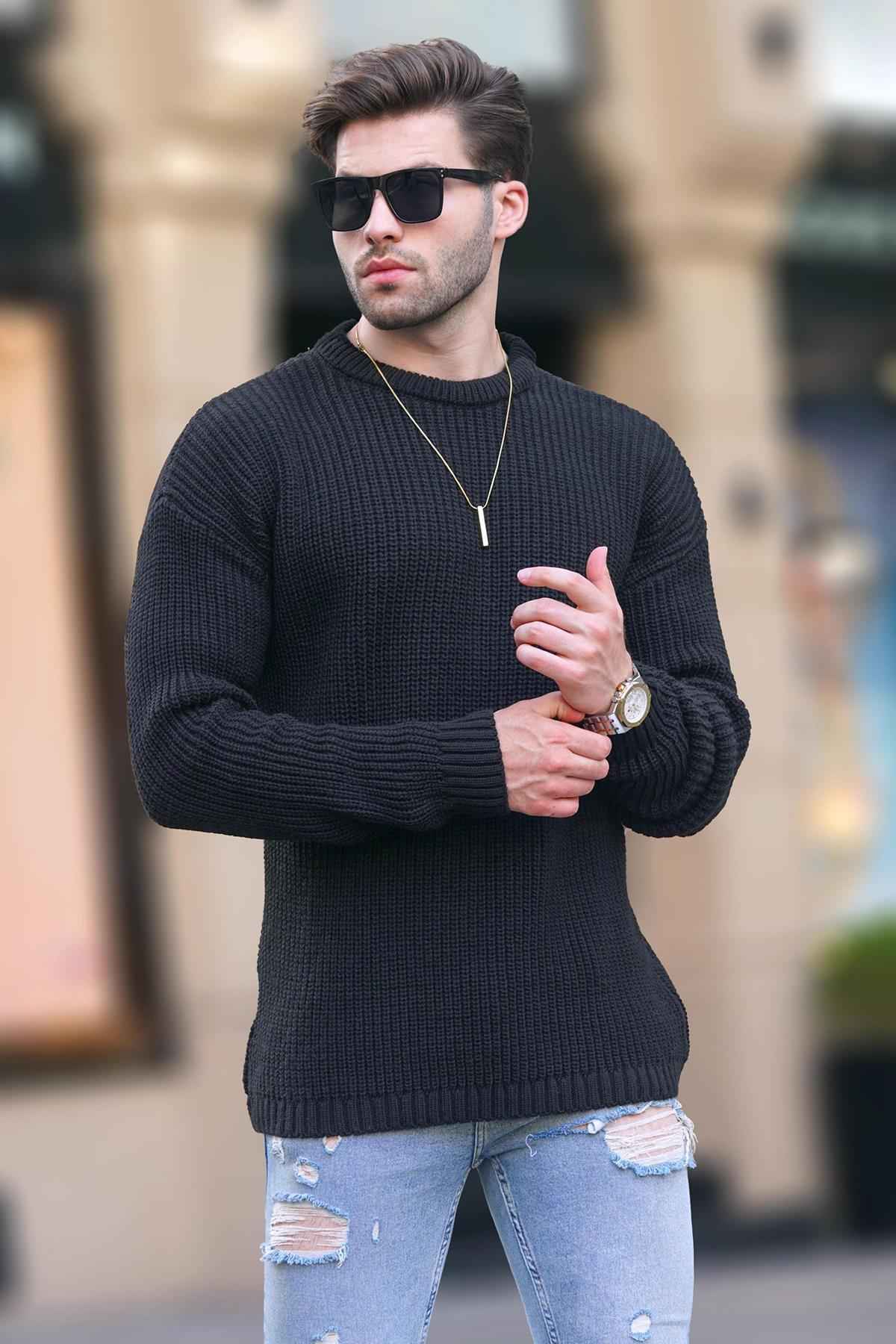 پلیور بافتنی آستین بلند یقه آنتراسیت