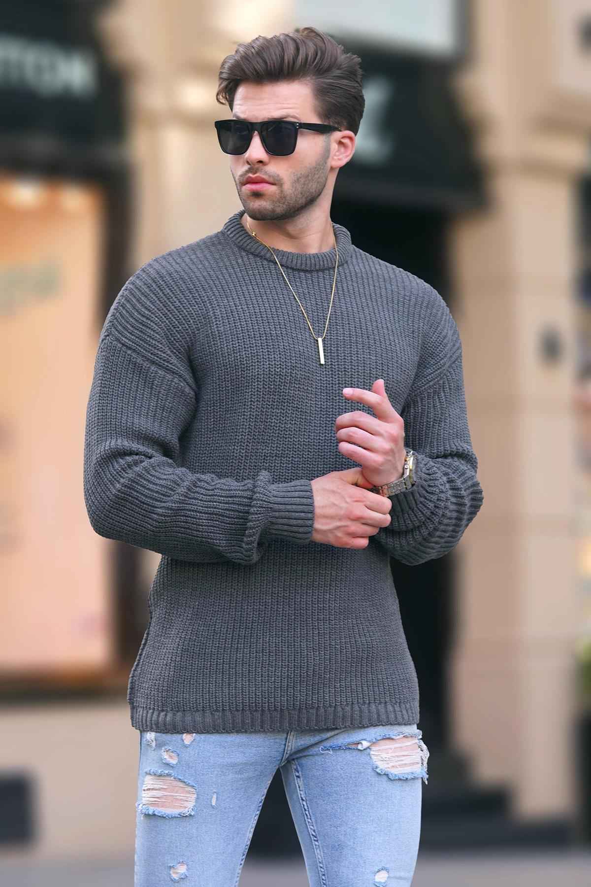 پلیور بافتنی آستین بلند یقه آنتراسیت