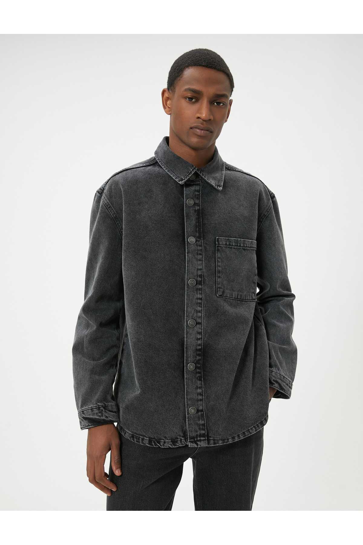 کت شلوار جین شسته آستین بلند تک جیب یقه کلاسیک با جزئیات