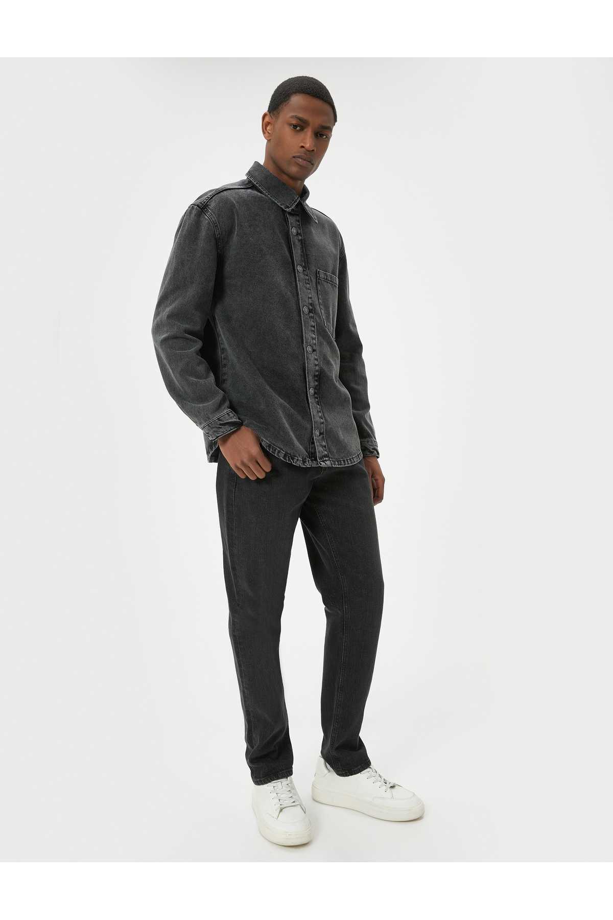 کت شلوار جین شسته آستین بلند تک جیب یقه کلاسیک با جزئیات