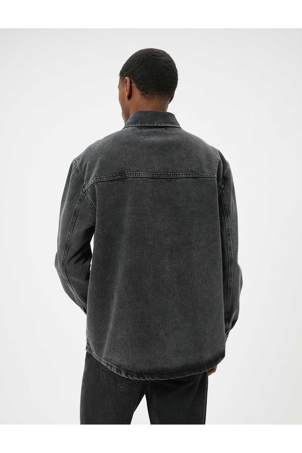 کت شلوار جین شسته آستین بلند تک جیب یقه کلاسیک با جزئیات