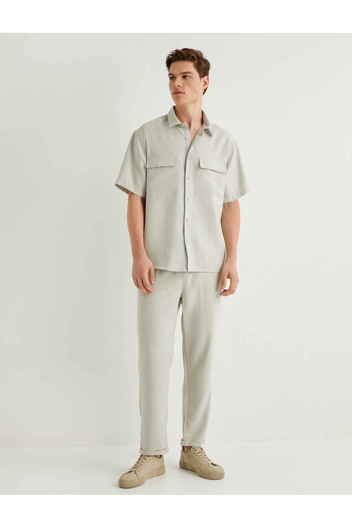 پارچه ویسکوز با جیب دکمه دار پیراهن آستین کوتاه