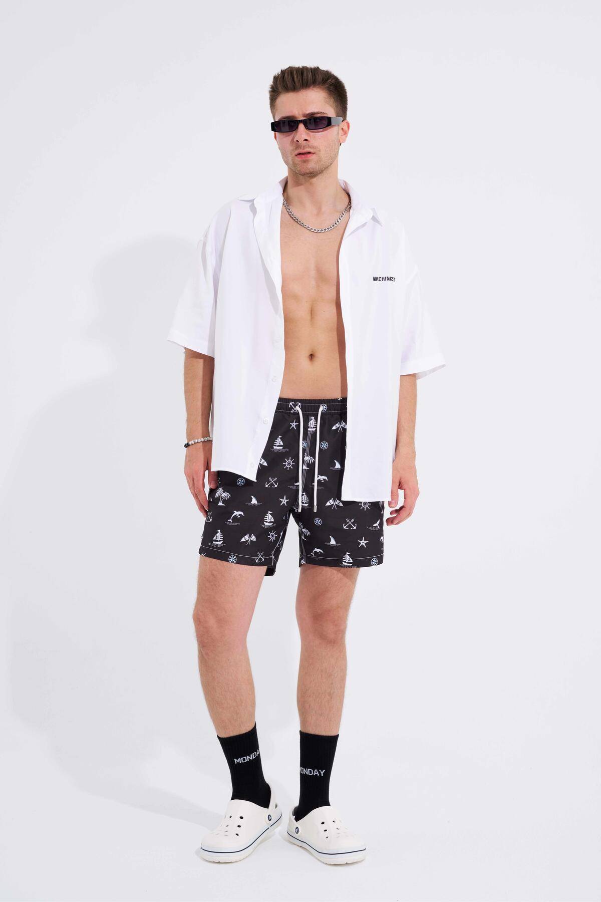 شورت شنا مردانه Ancher و Starfish با چاپ سیاه و سفید