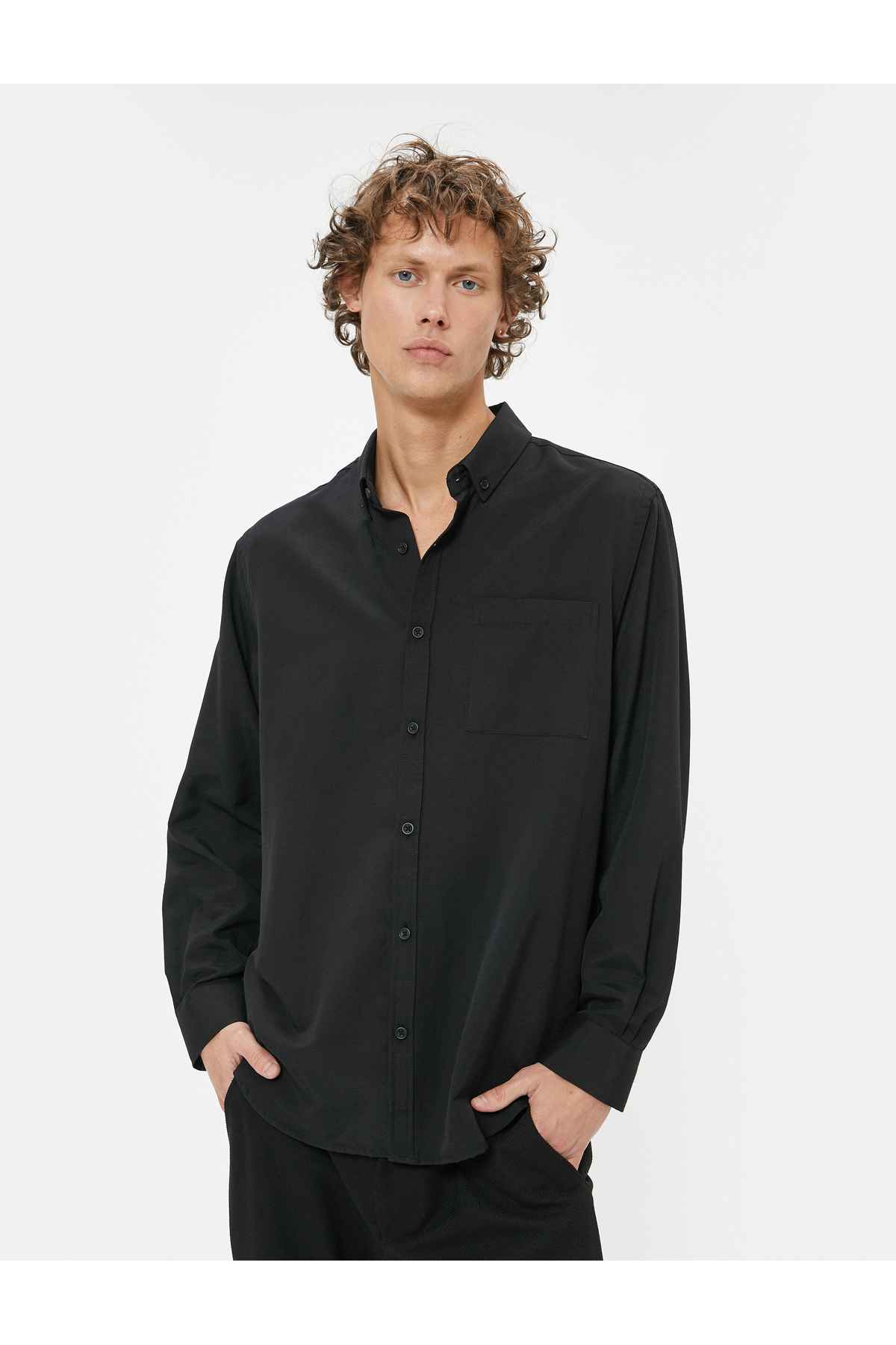 جیب آستین بلند پیراهن آکسفورد ترکیب پنبه ای با جزئیات