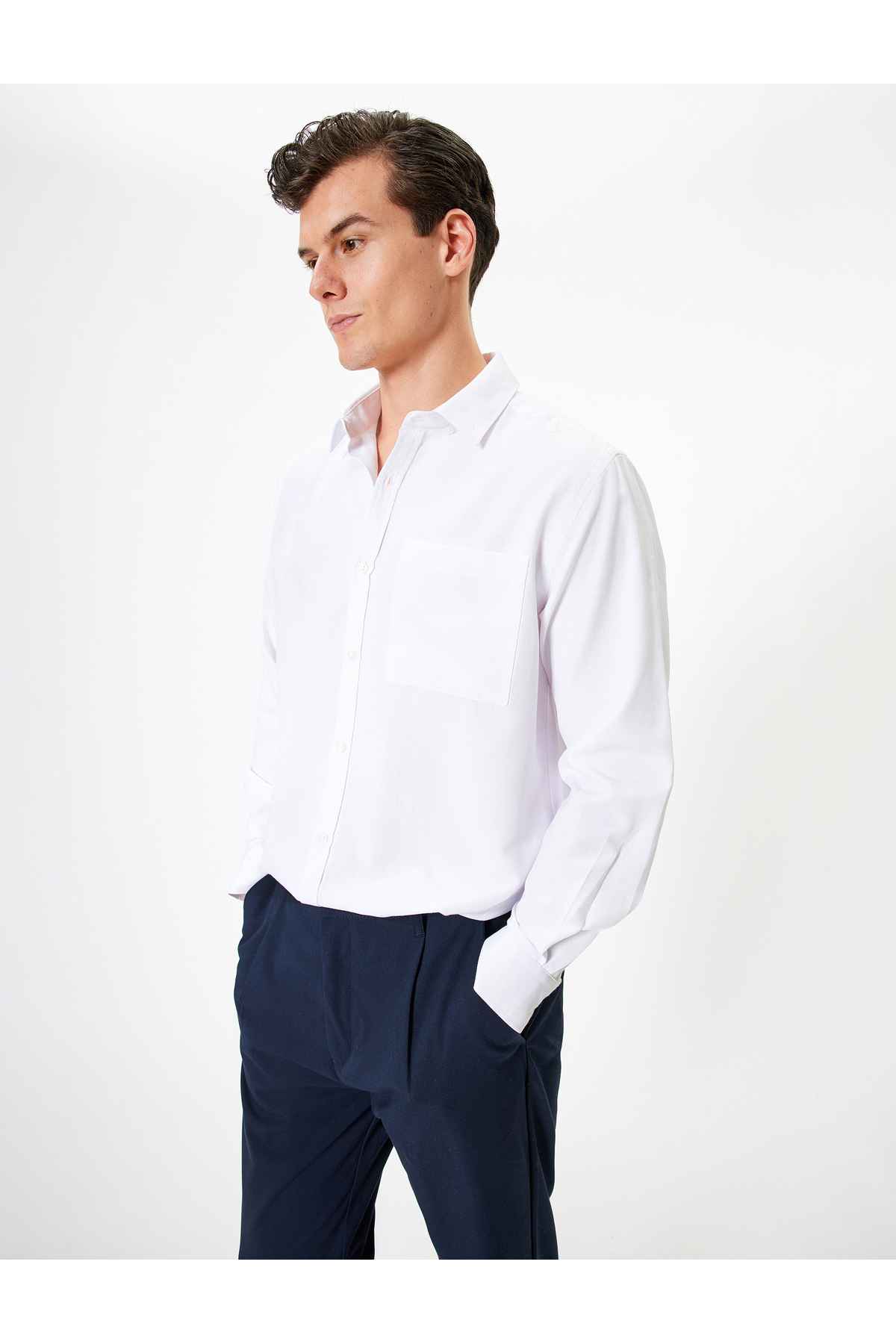 جیب آستین بلند پیراهن آکسفورد ترکیب پنبه ای با جزئیات