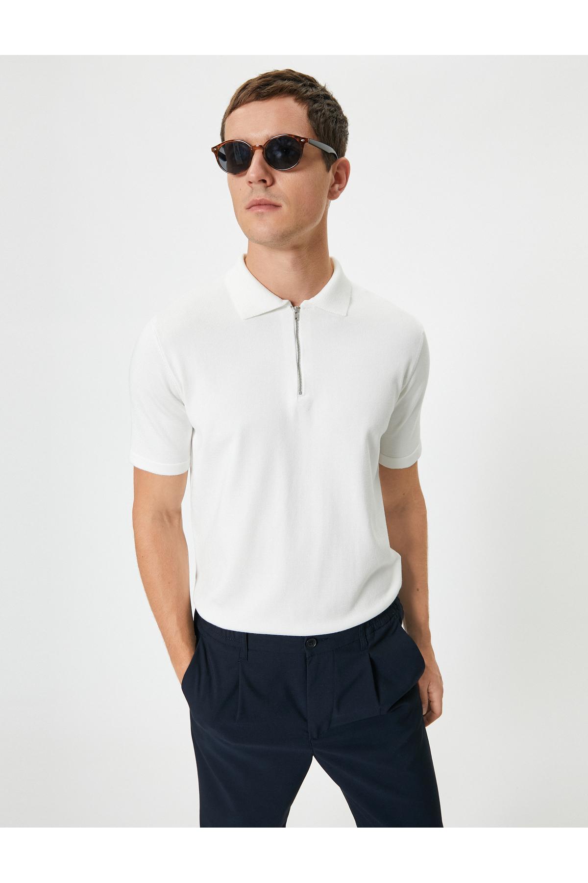 ژاکت بافتنی یقه پولو آستین کوتاه نیم زیپ