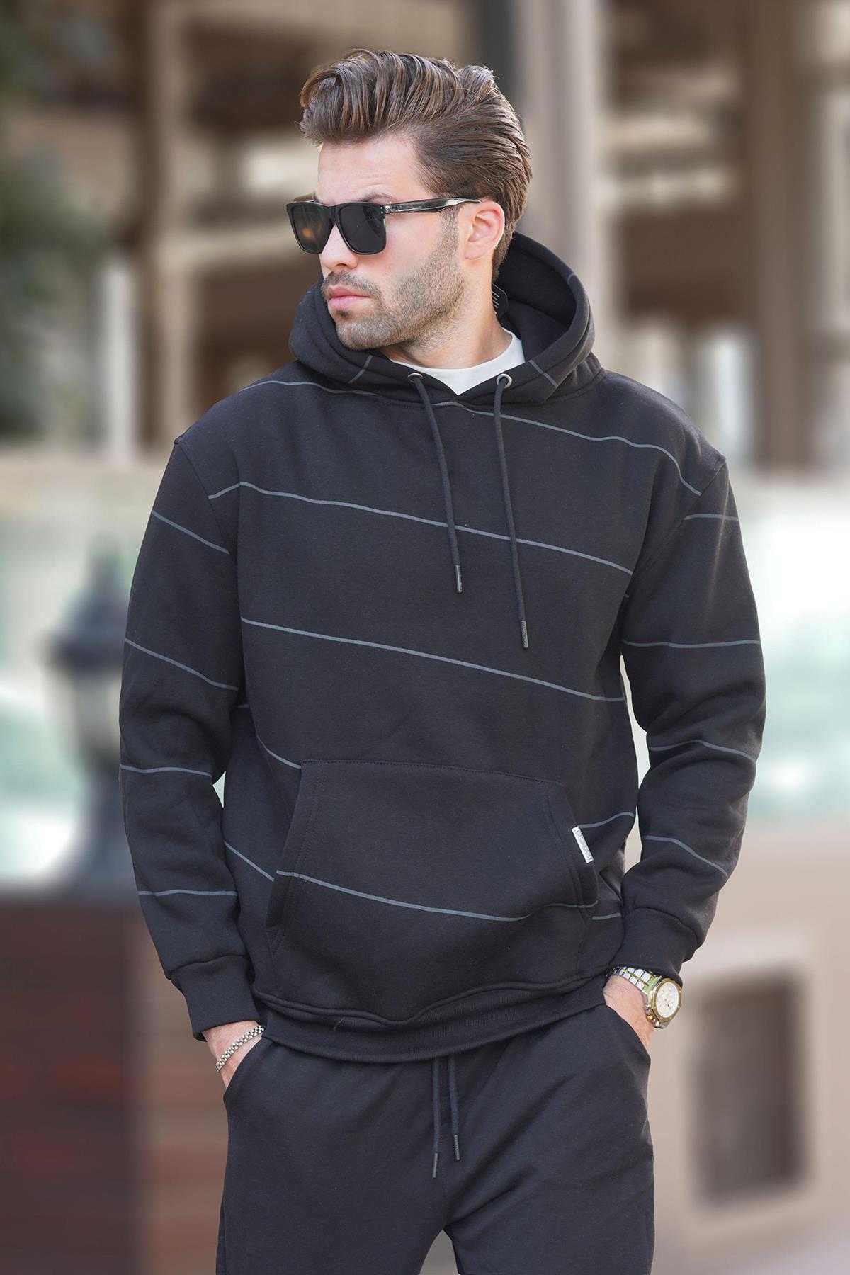 سویشرت مردانه راه راه کلاهدار مشکی با جزئیات جیب