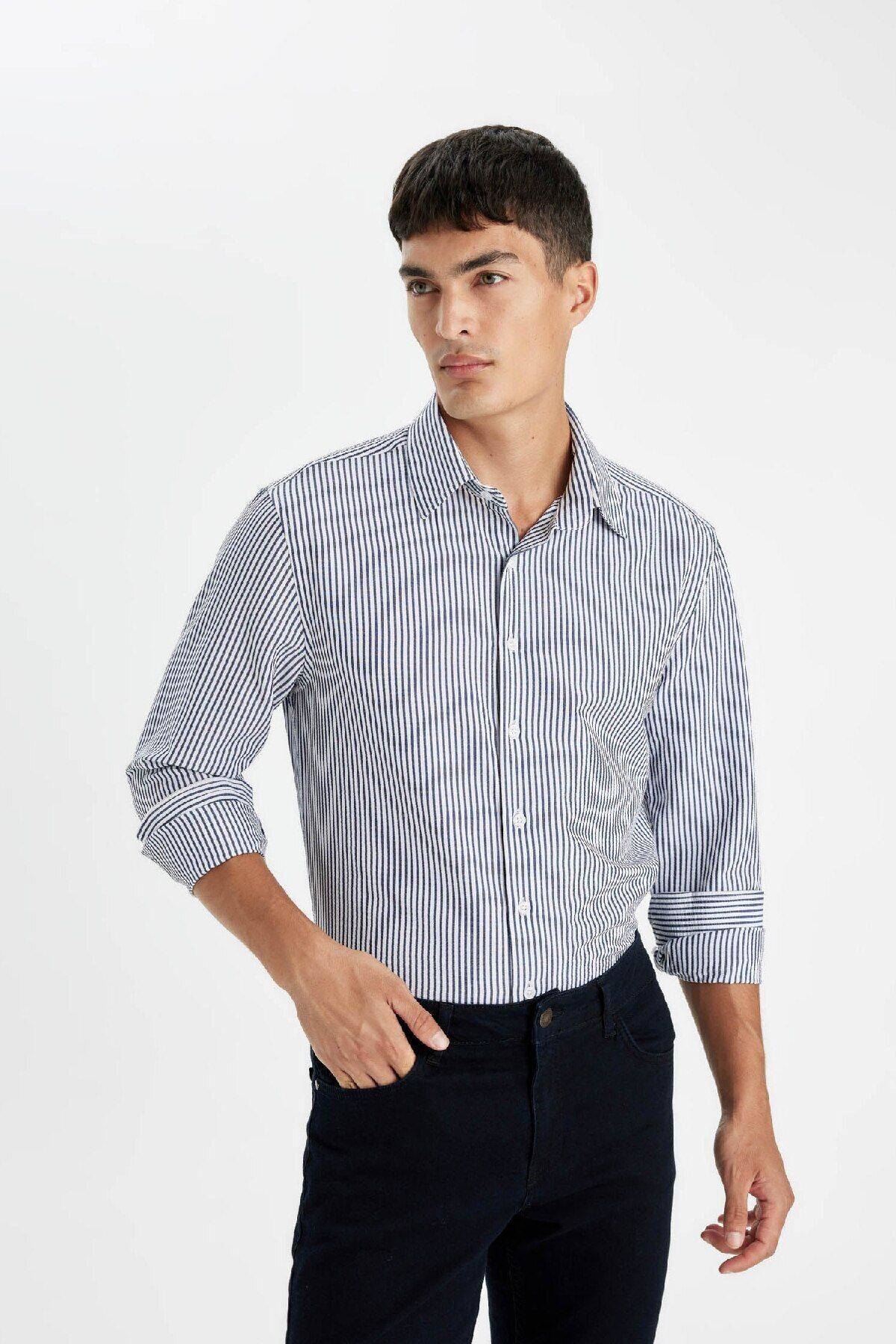 پیراهن آستین بلند پارچه ای با یقه چوگان متناسب با یقه راه راه D6003ax24au