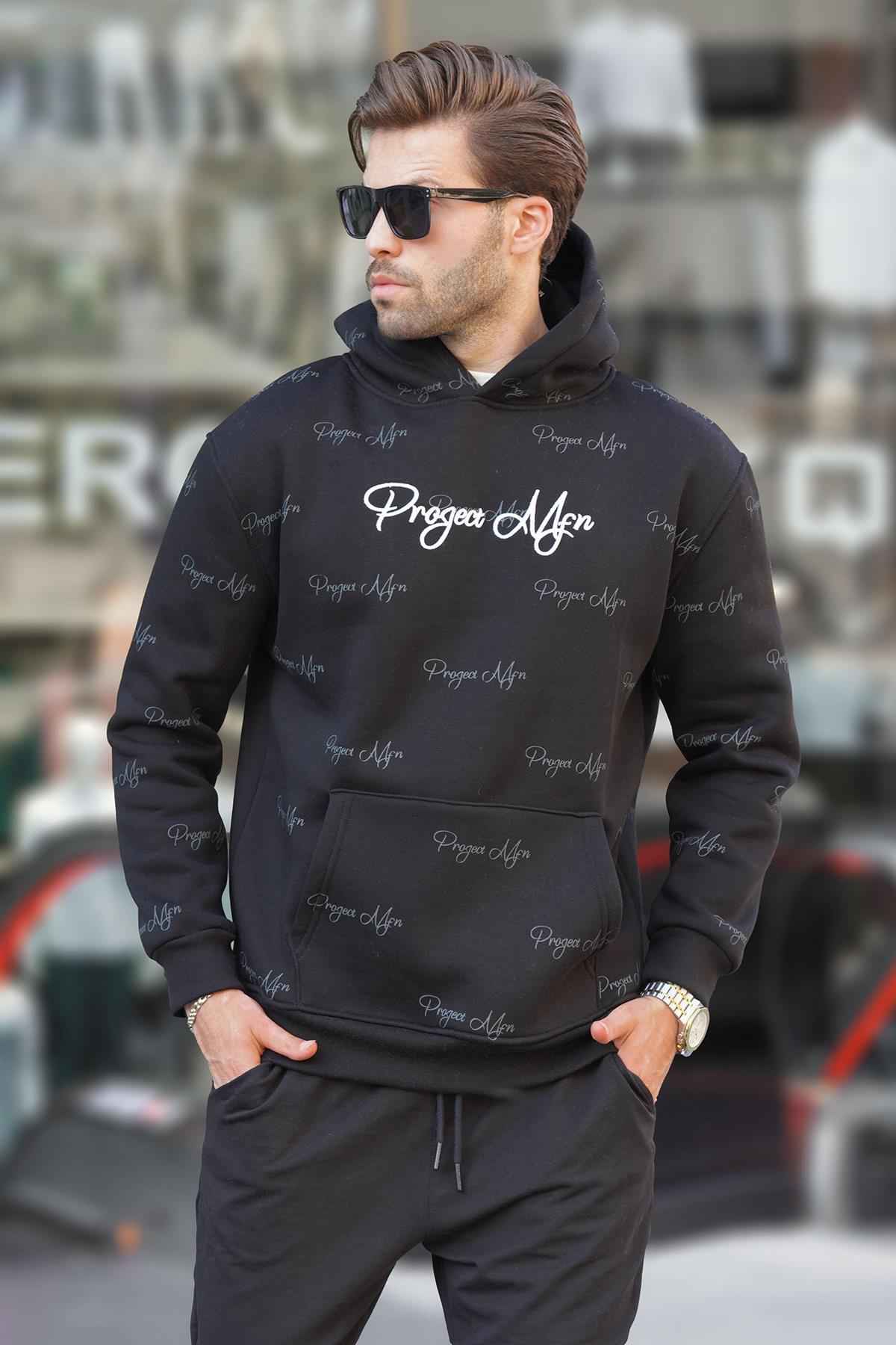 سویشرت مردانه کلاهدار با چاپ خاکستری رنگ شده با جزئیات جیبی