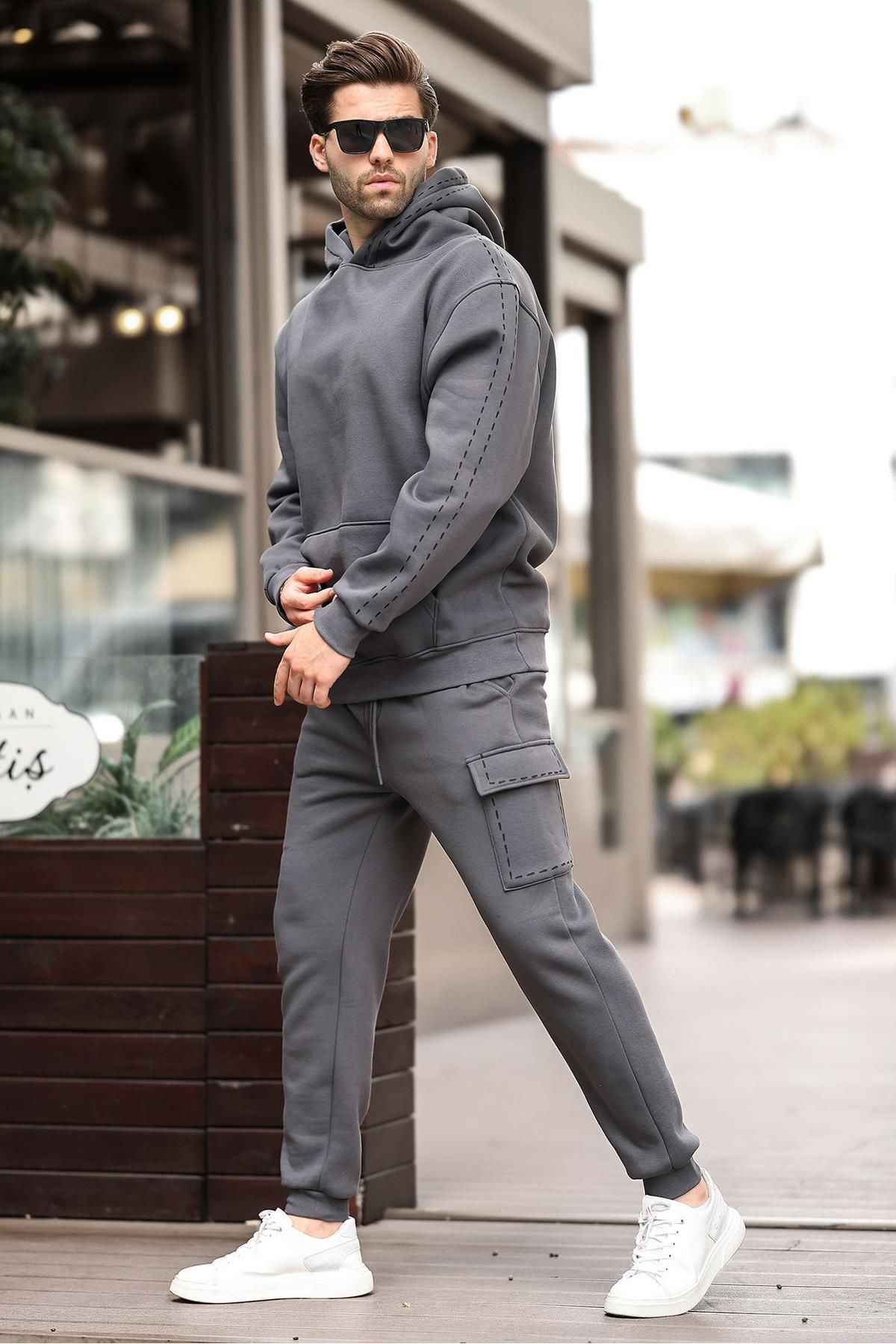 ست لباس ورزشی مردانه کلاهدار خاکستری رنگ شده با پاهای الاستیک