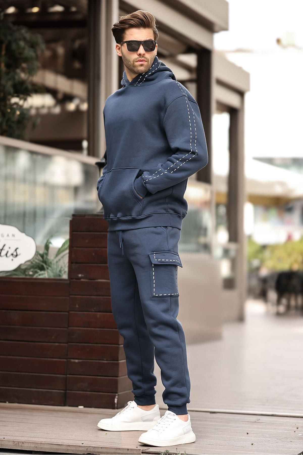 ست لباس ورزشی مردانه کلاهدار خاکستری رنگ شده با پاهای الاستیک